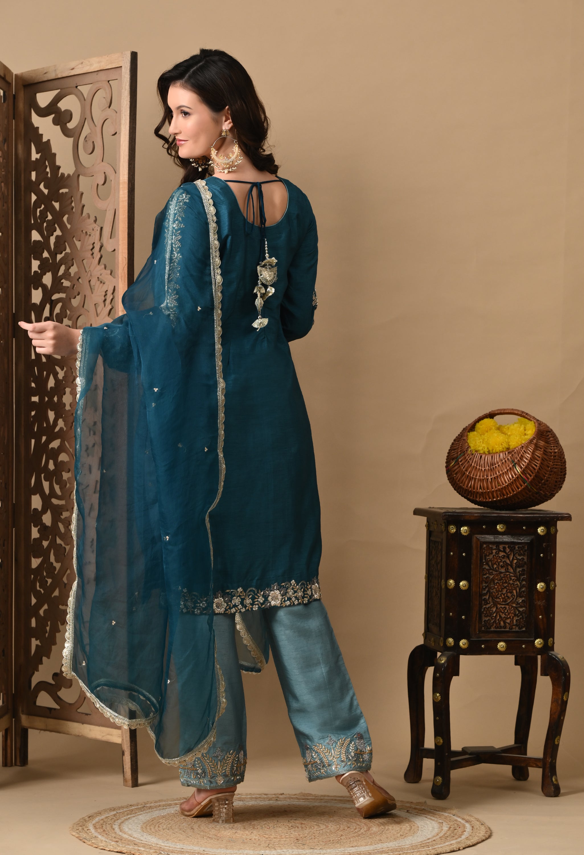 Royal Sky Blue Embroidered Silk Kurta Set