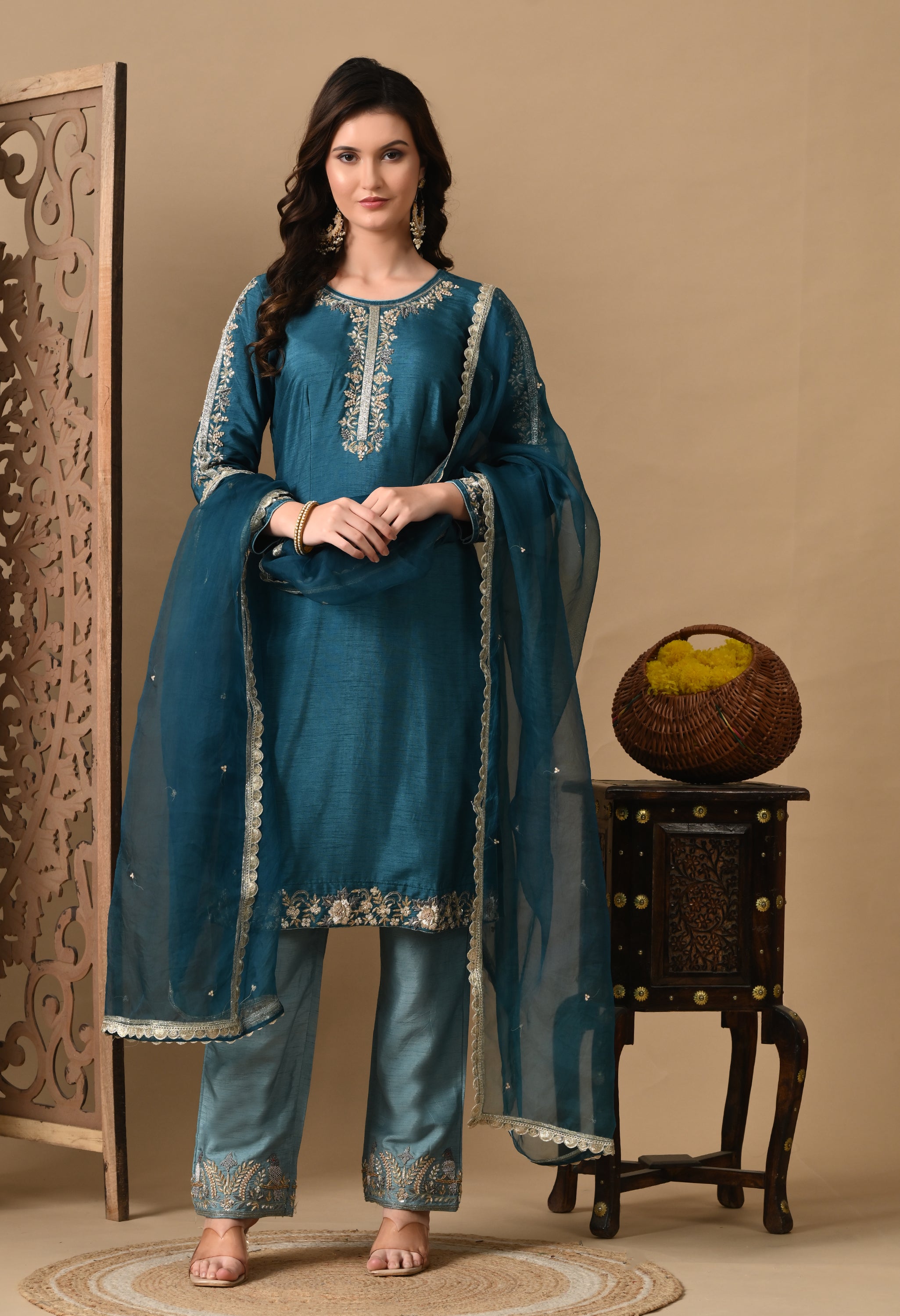 Royal Sky Blue Embroidered Silk Kurta Set