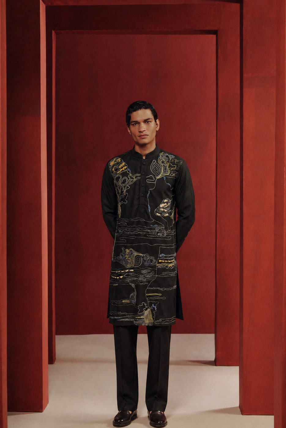 Charcoal Abstract Map Line Kurta