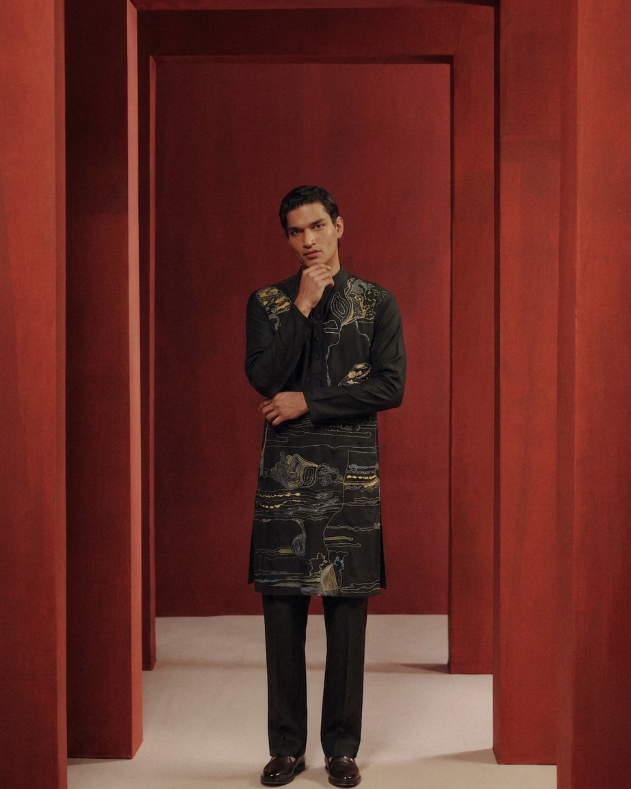 Charcoal Abstract Map Line Kurta