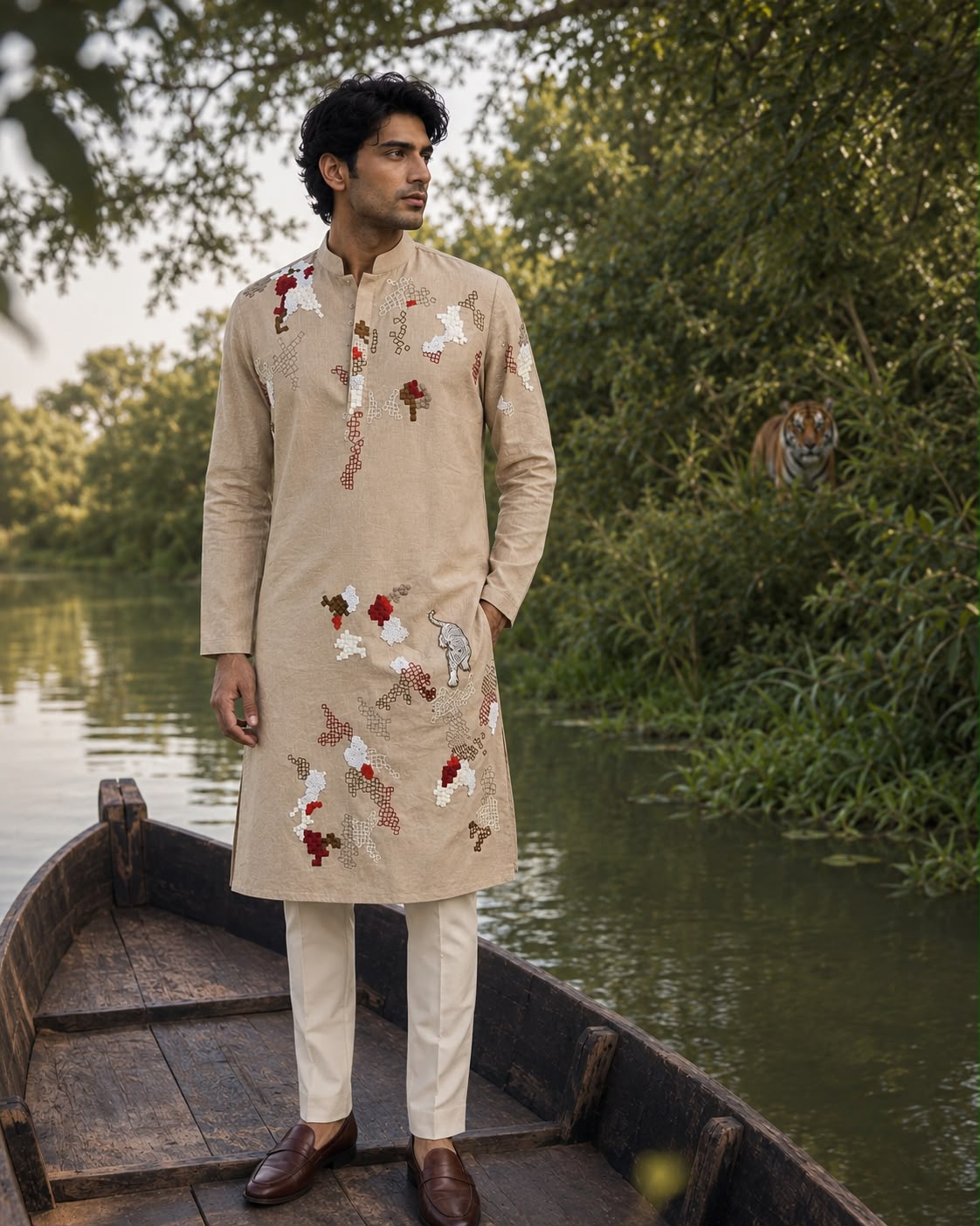 Sand Beige Pixelated Patchwork Kurta