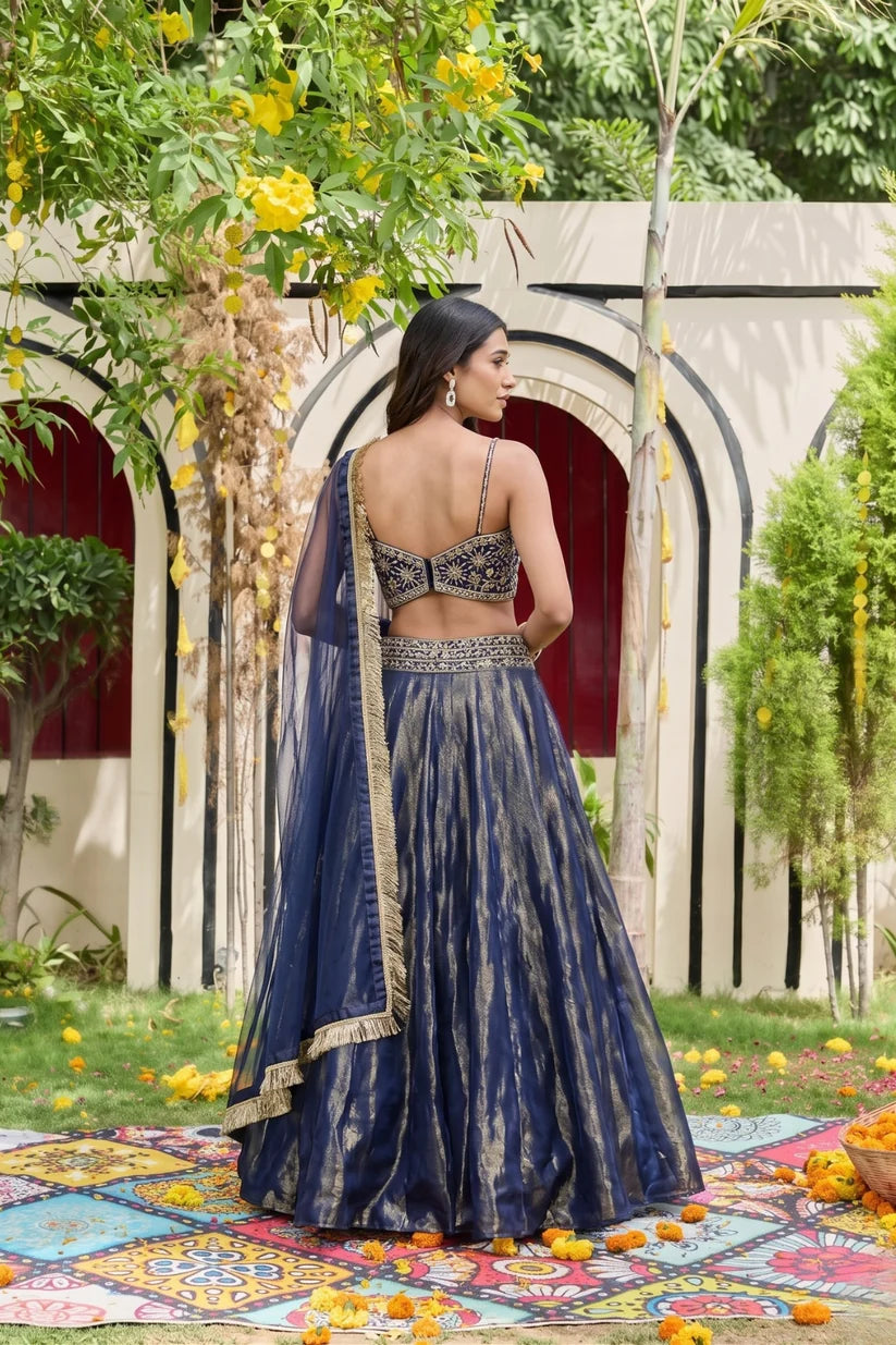 Navy Blue Bustier And Shimmer Organza Lehnga Set