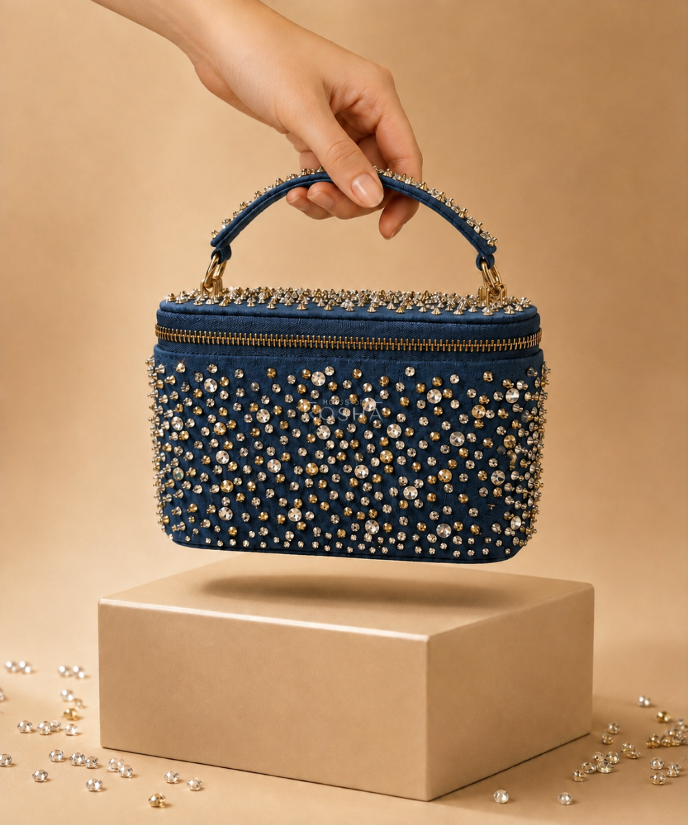 Inaya Gold & Silver Denim Embroidered Vanity Bag