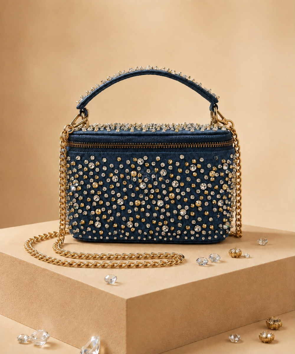 Inaya Gold & Silver Denim Embroidered Vanity Bag