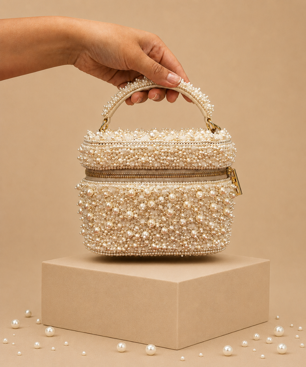 Aria Ivory Suede Pearl Embellished Vanity Bag
