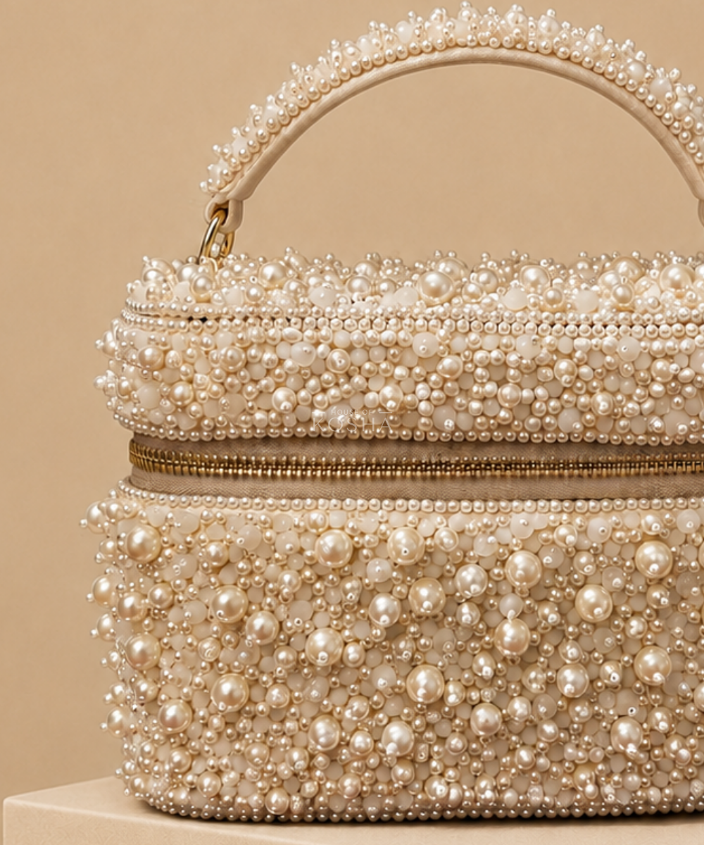 Aria Ivory Suede Pearl Embellished Vanity Bag
