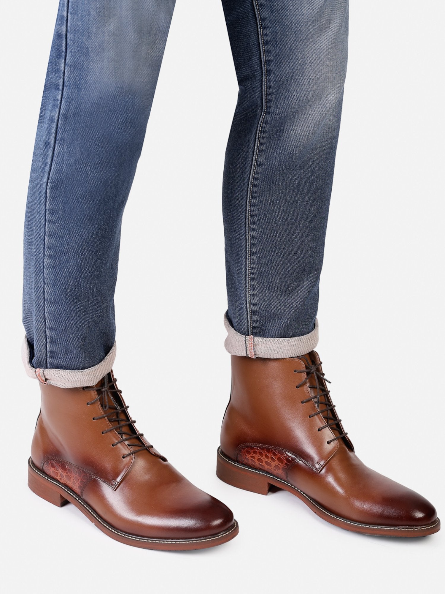 Hats Off Accessories Luxe Burnish Leather Tan Lace Up Ankle Boot For Men With Ostritch Embossed Leather