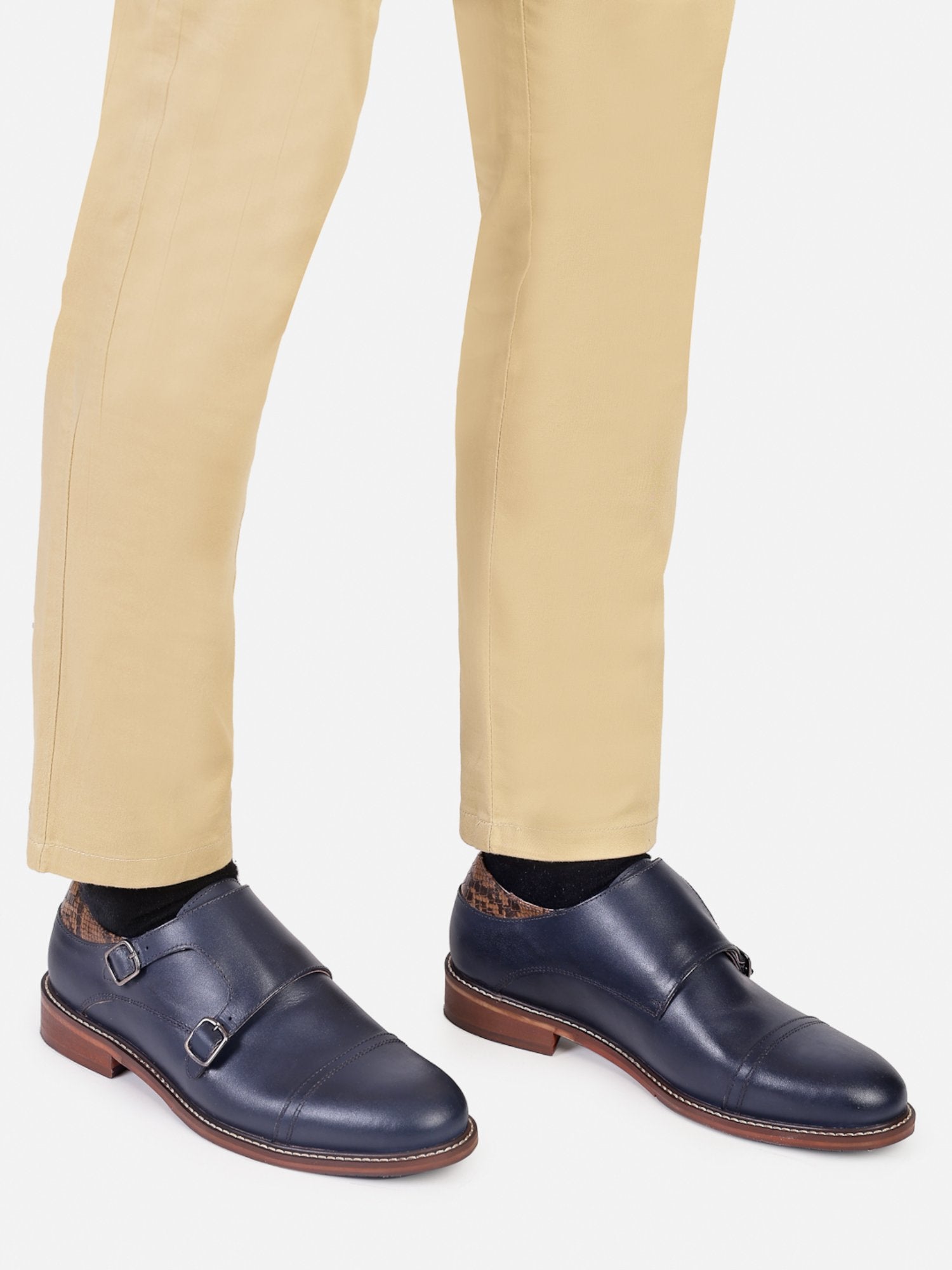 Hats Off Accessories Luxe Navy Genuine Leather Double Monks With Snake Emboss