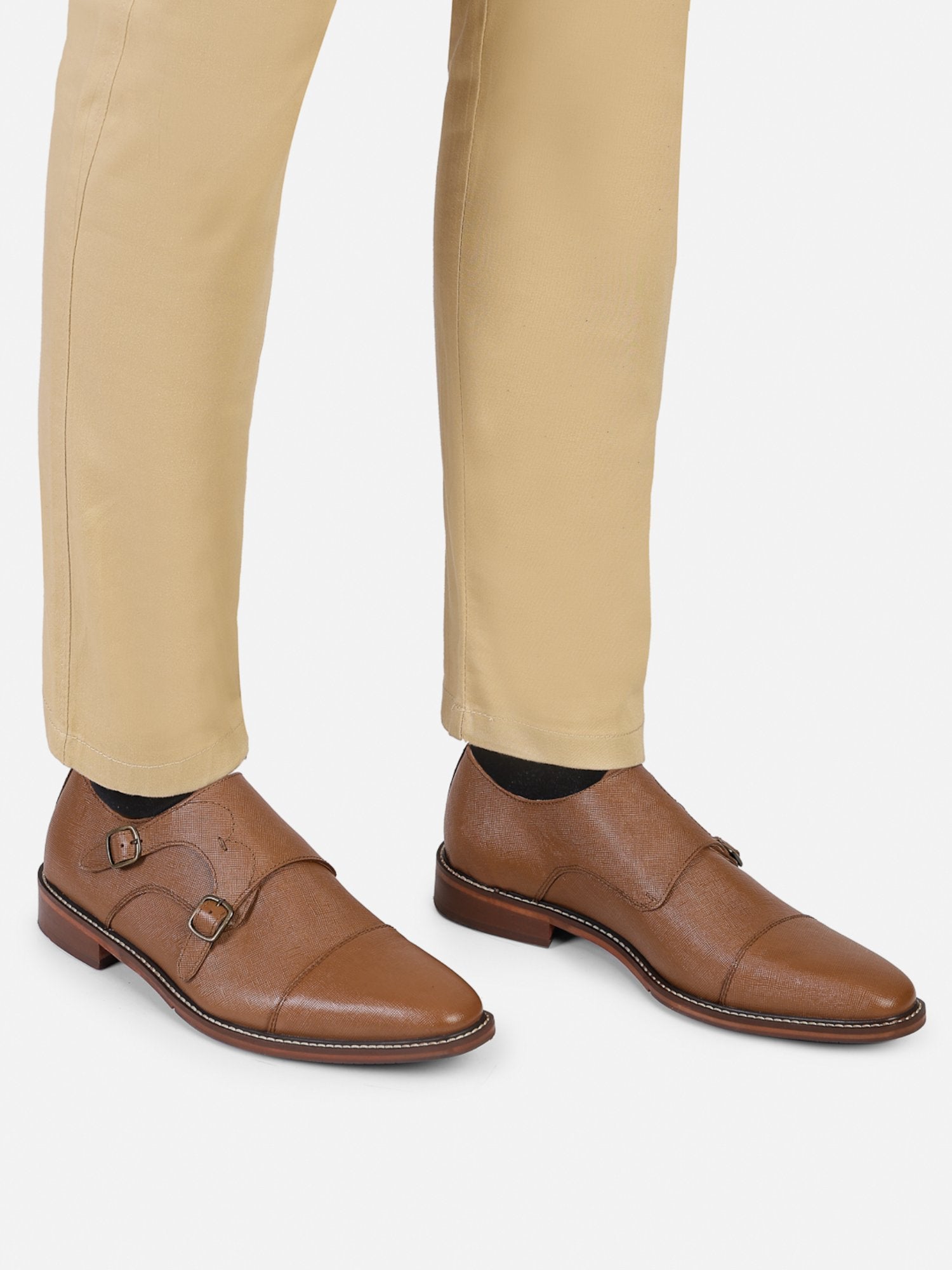 Hats Off Accessories Luxe Saffiano Genuine Leather Double Monk Tan Shoes For Men