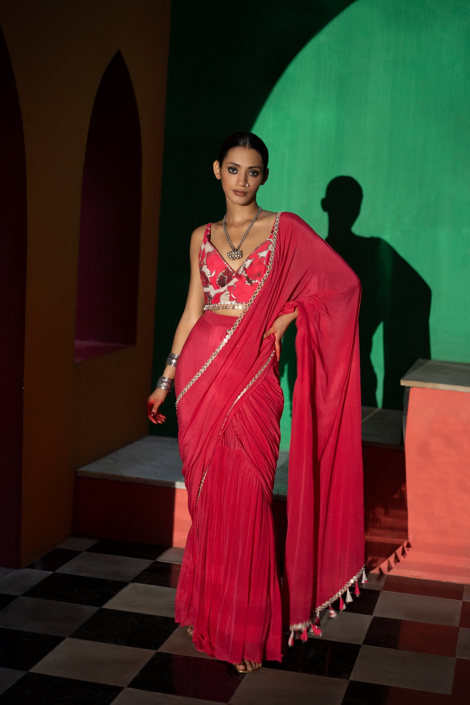 Amara Fuchsia Pleated Saree Set