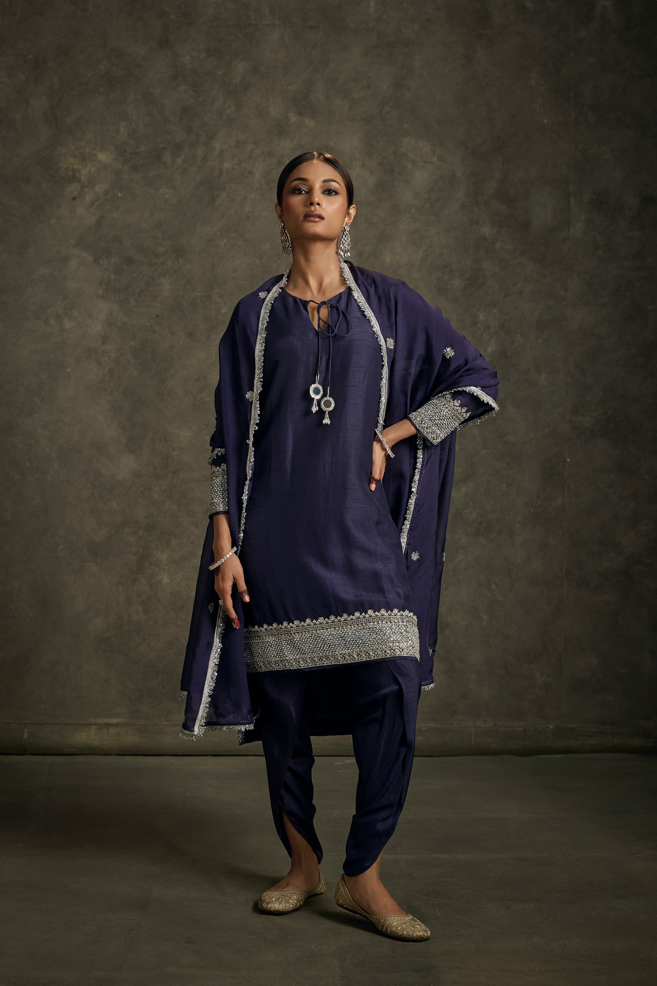 Chandani -High - Low Midnight Indigo Zardozi Kurta Salwaar Set with Embroidered Dupatta
