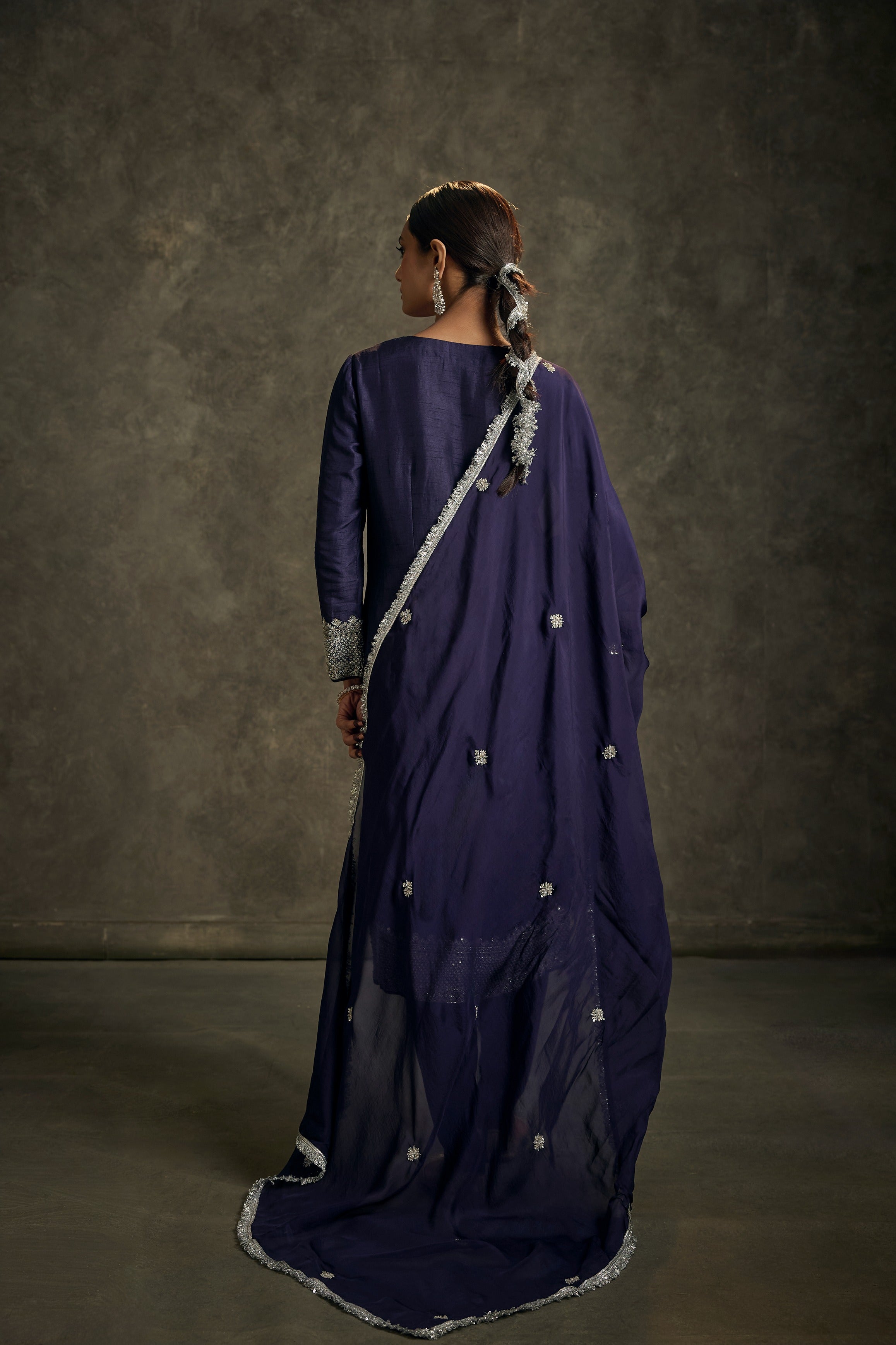 Chandani -High - Low Midnight Indigo Zardozi Kurta Salwaar Set with Embroidered Dupatta