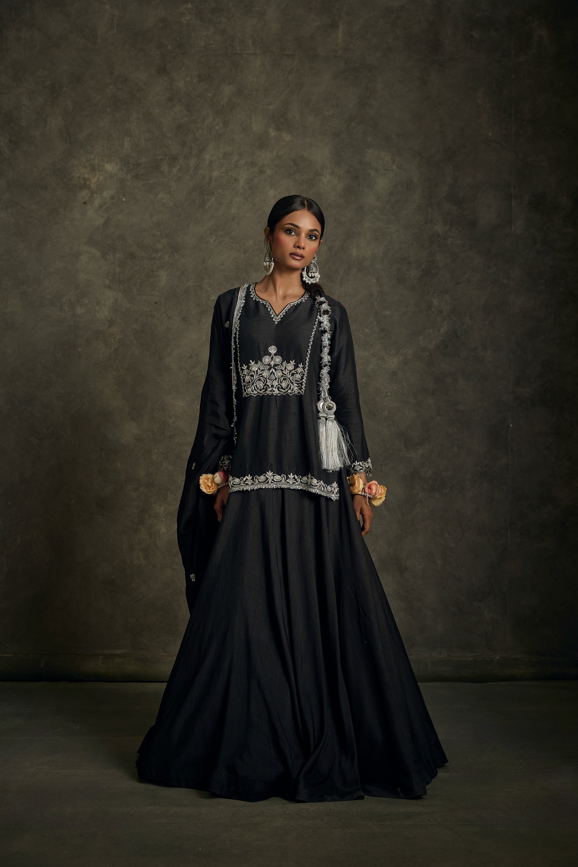 Lehar -Black Hand Embriodered Kurta-Lehenga -Dupatta Set