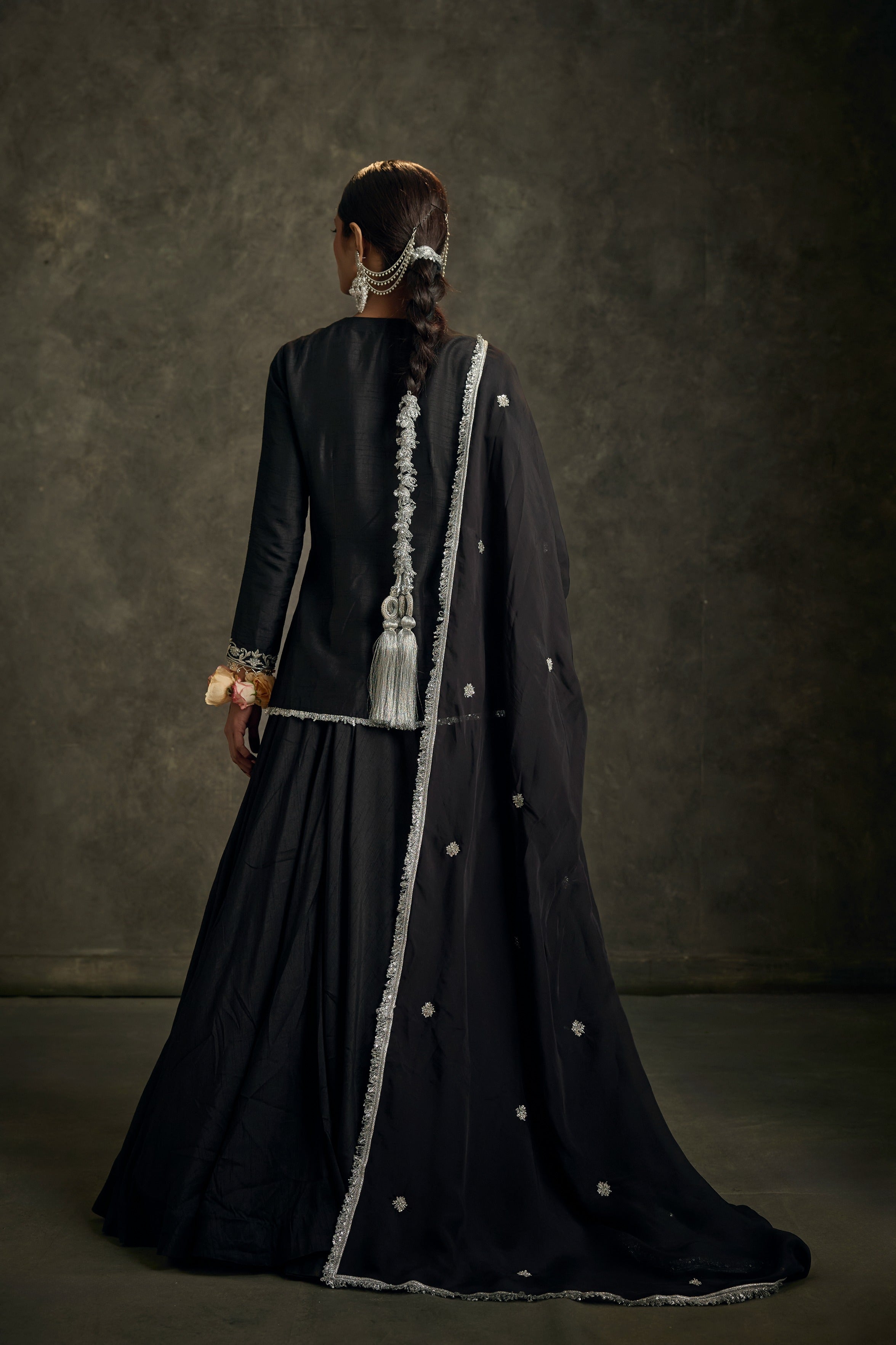 Lehar -Black Hand Embriodered Kurta-Lehenga -Dupatta Set