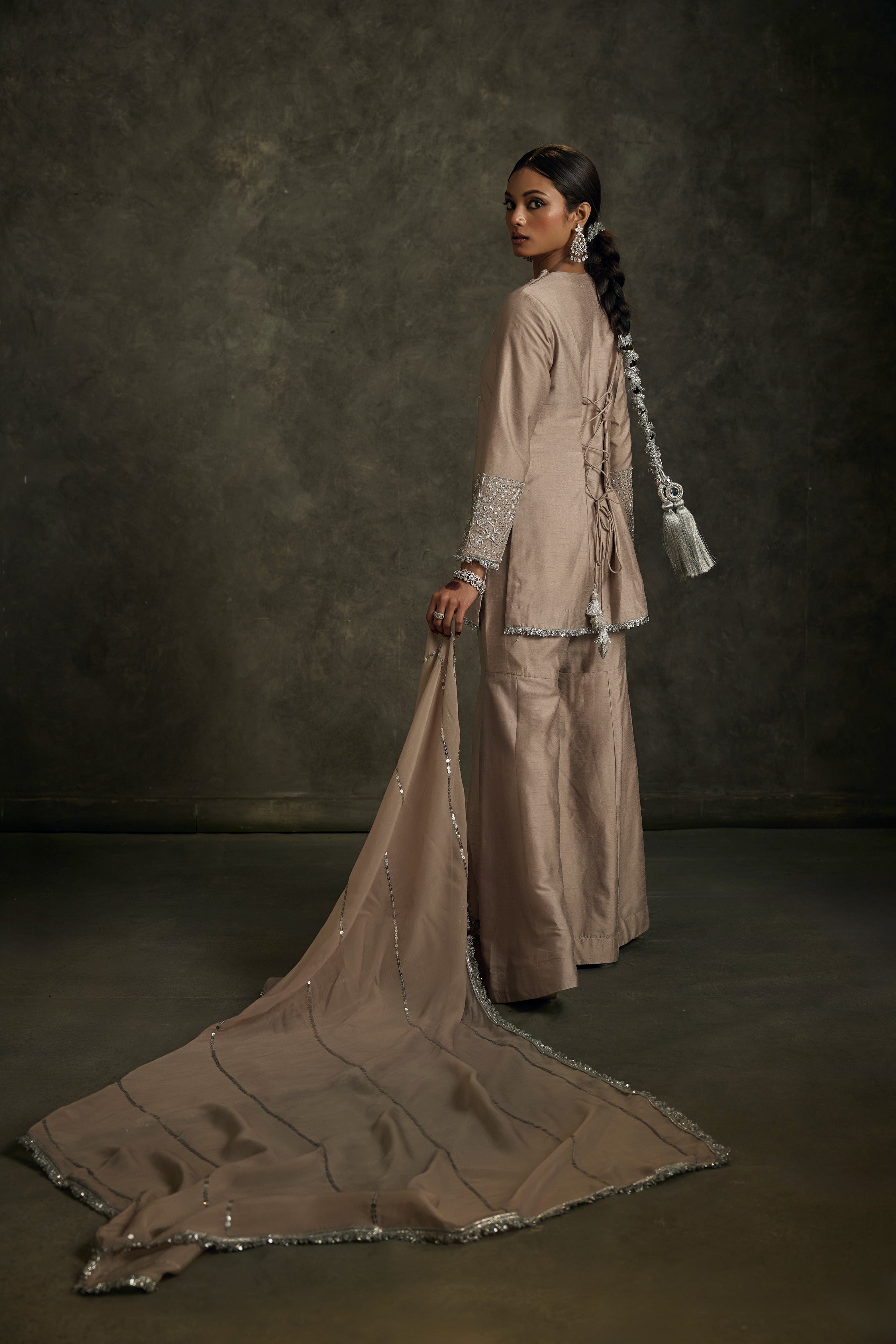 Dilruba -Beige Zardozi Kurta Sharara Set with Embroidered Dupatta