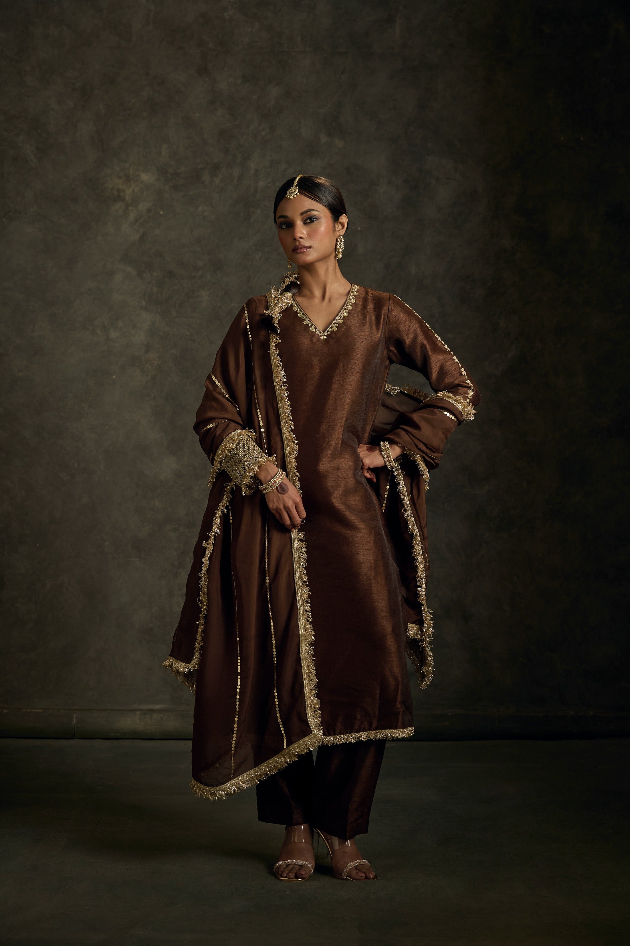 Lehraav -Brown Zardozi Kurta Salwaar Dupatta Set