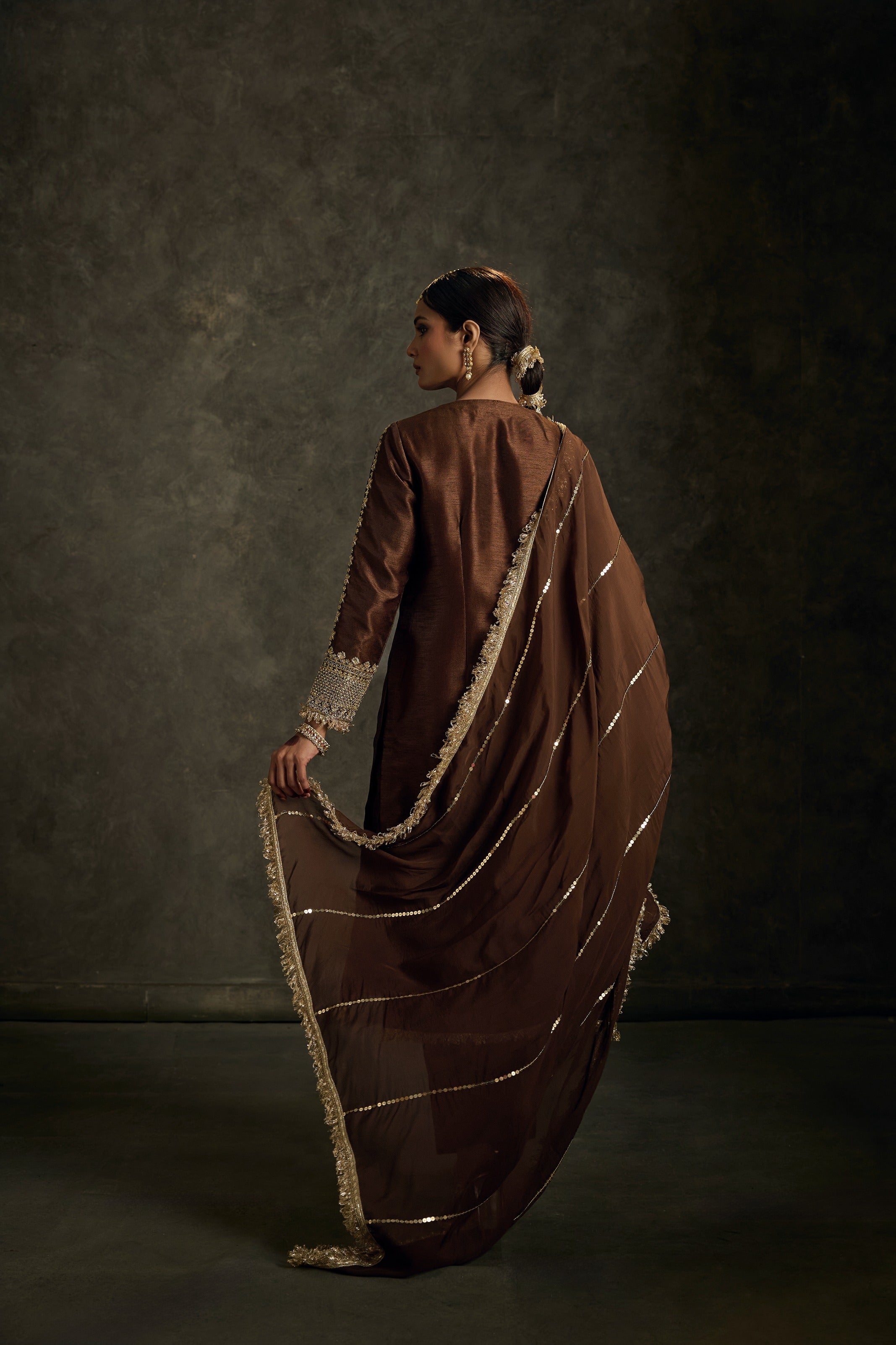 Lehraav -Brown Zardozi Kurta Salwaar Dupatta Set