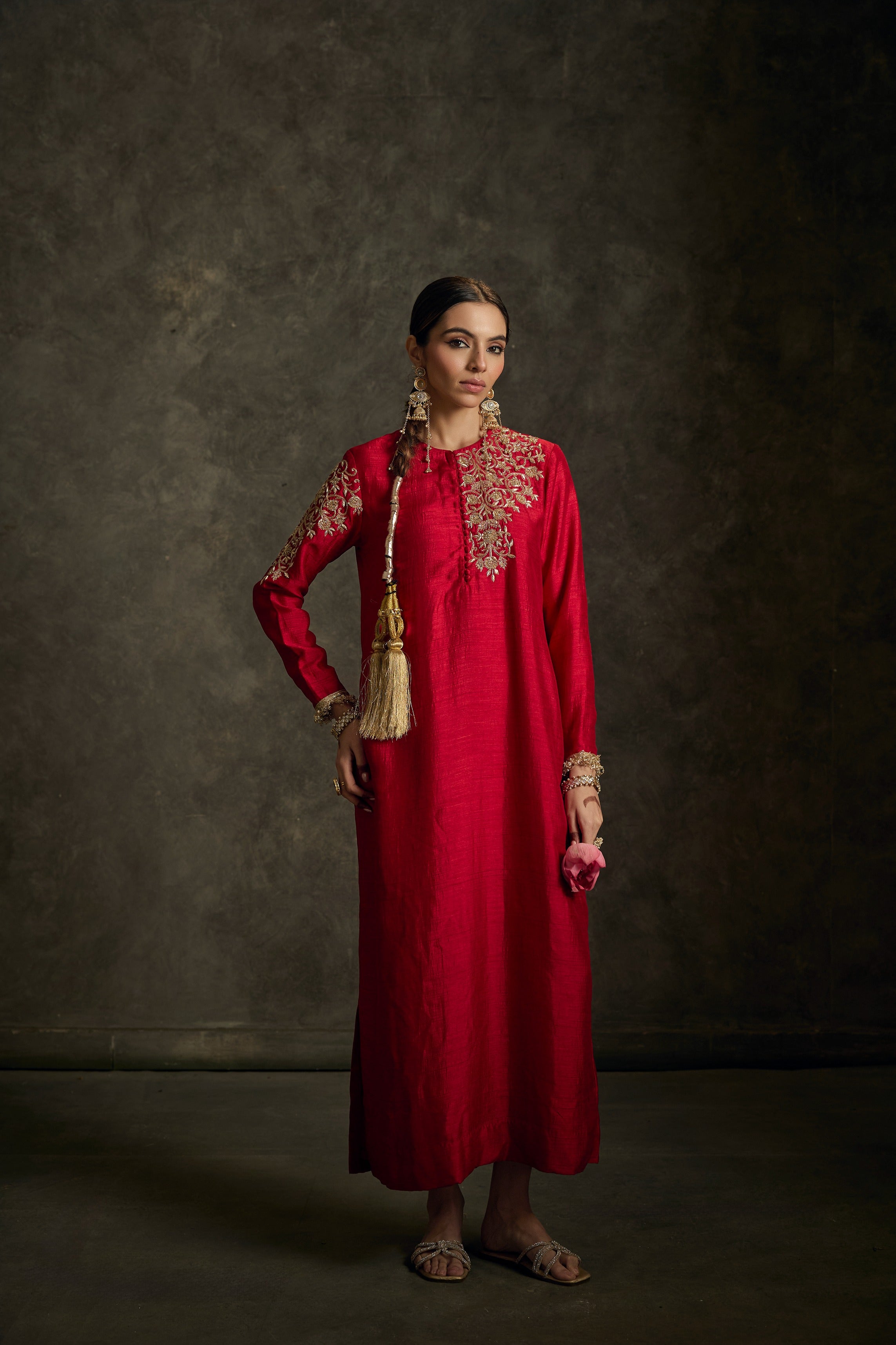 Aavira-Red Embroidered Kurta Dress