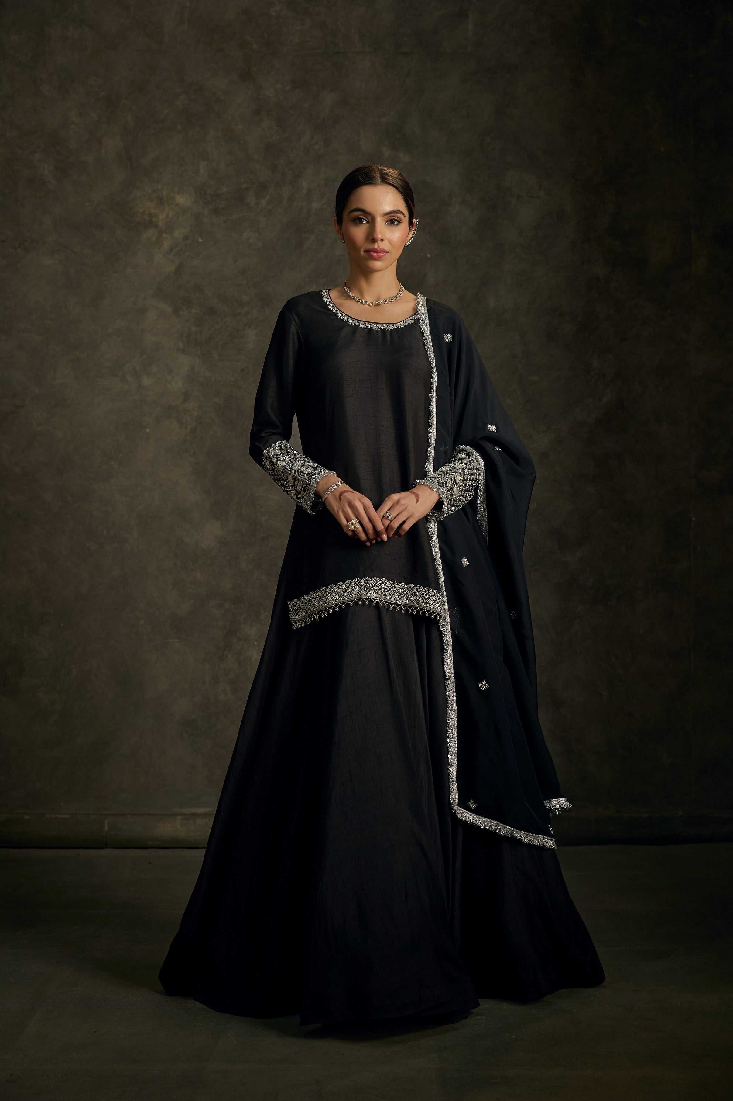 Meher -Black Hand Embroidered Kurta Lehenga Dupatta Set