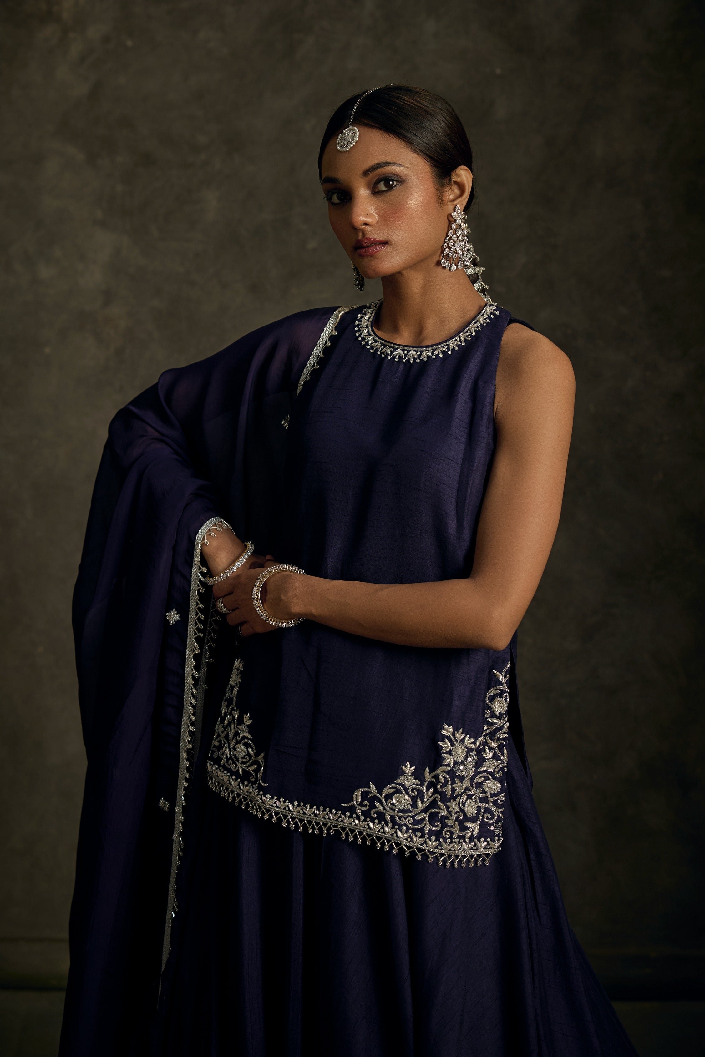 Saaj -Midnight Indigo Hand Embroidered Kurta Lehenga Dupatta Set