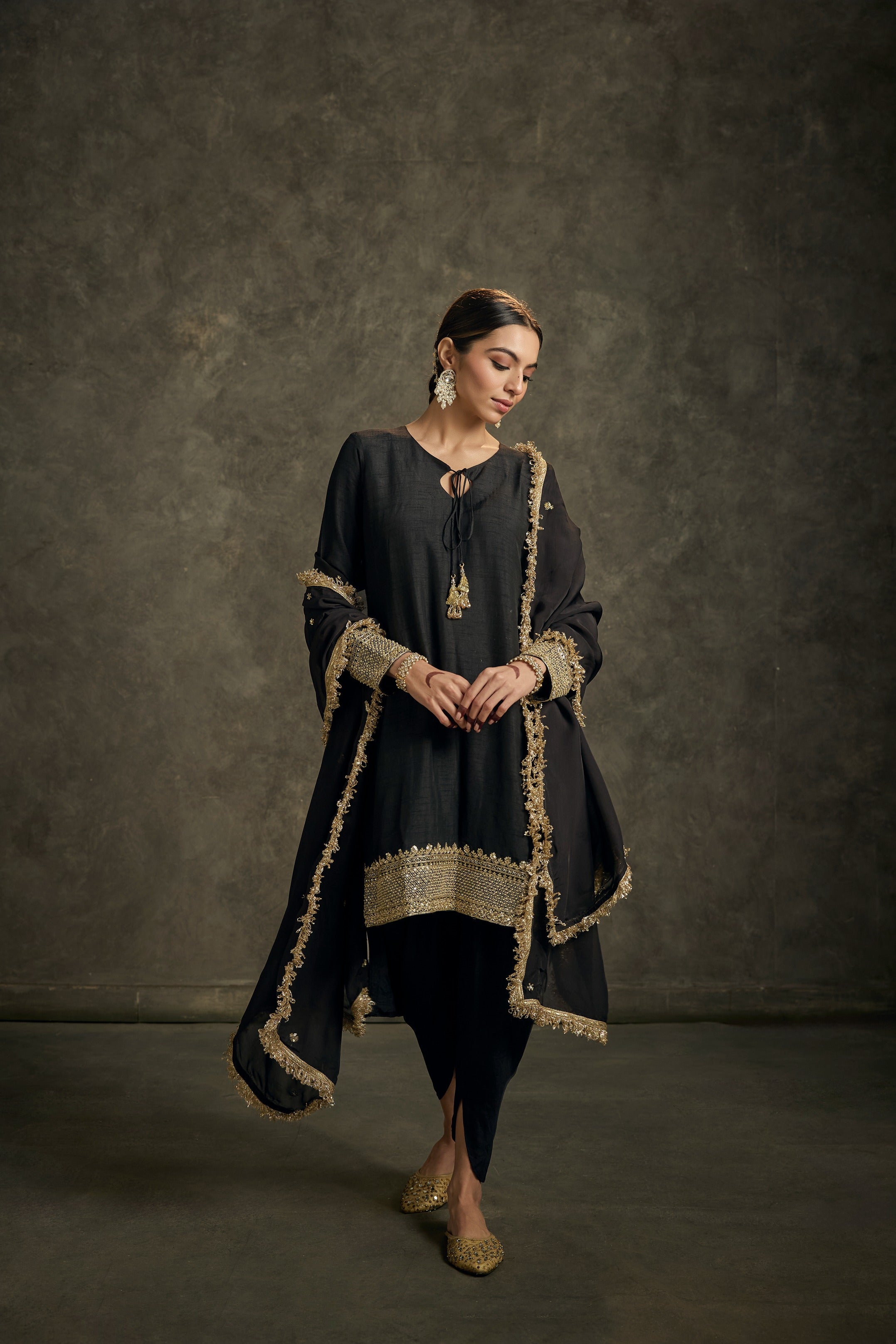 Saanjh -High- Low Black Zardozi Kurta Salwaar Set with Embroidered Dupatta