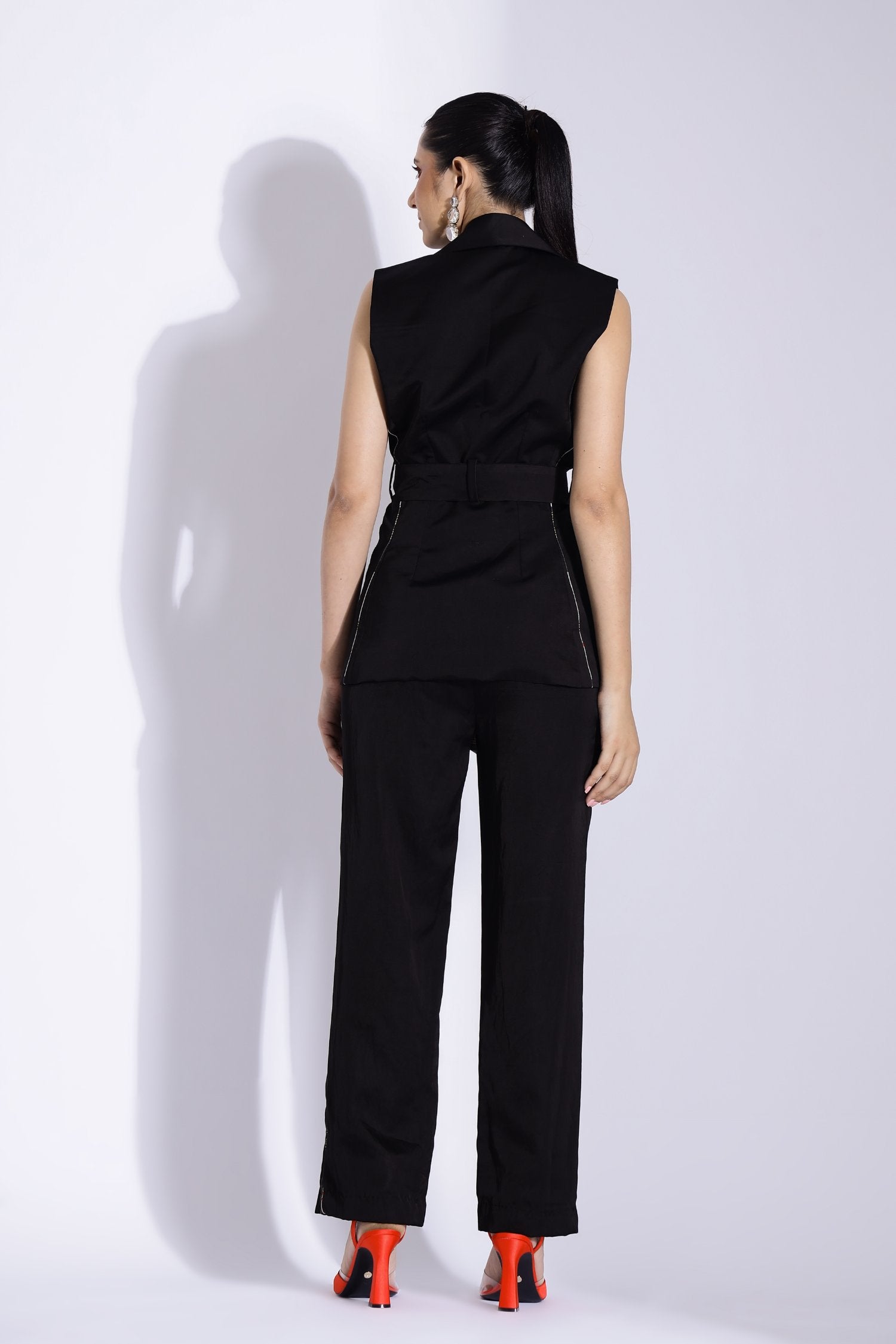 Sleeveless Belted Jacket And Tapered Pants