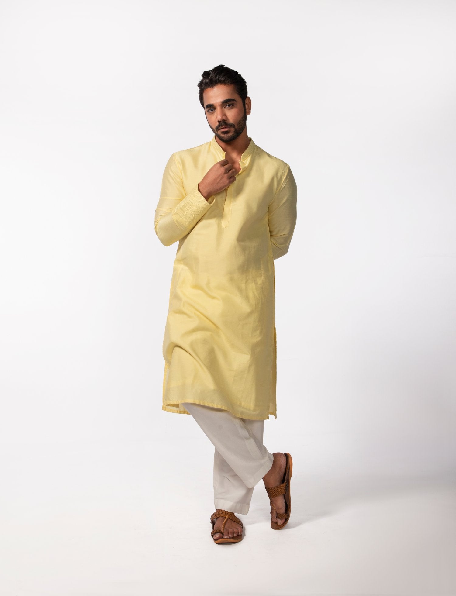 Yellow Sleeve Emb Kurta Set