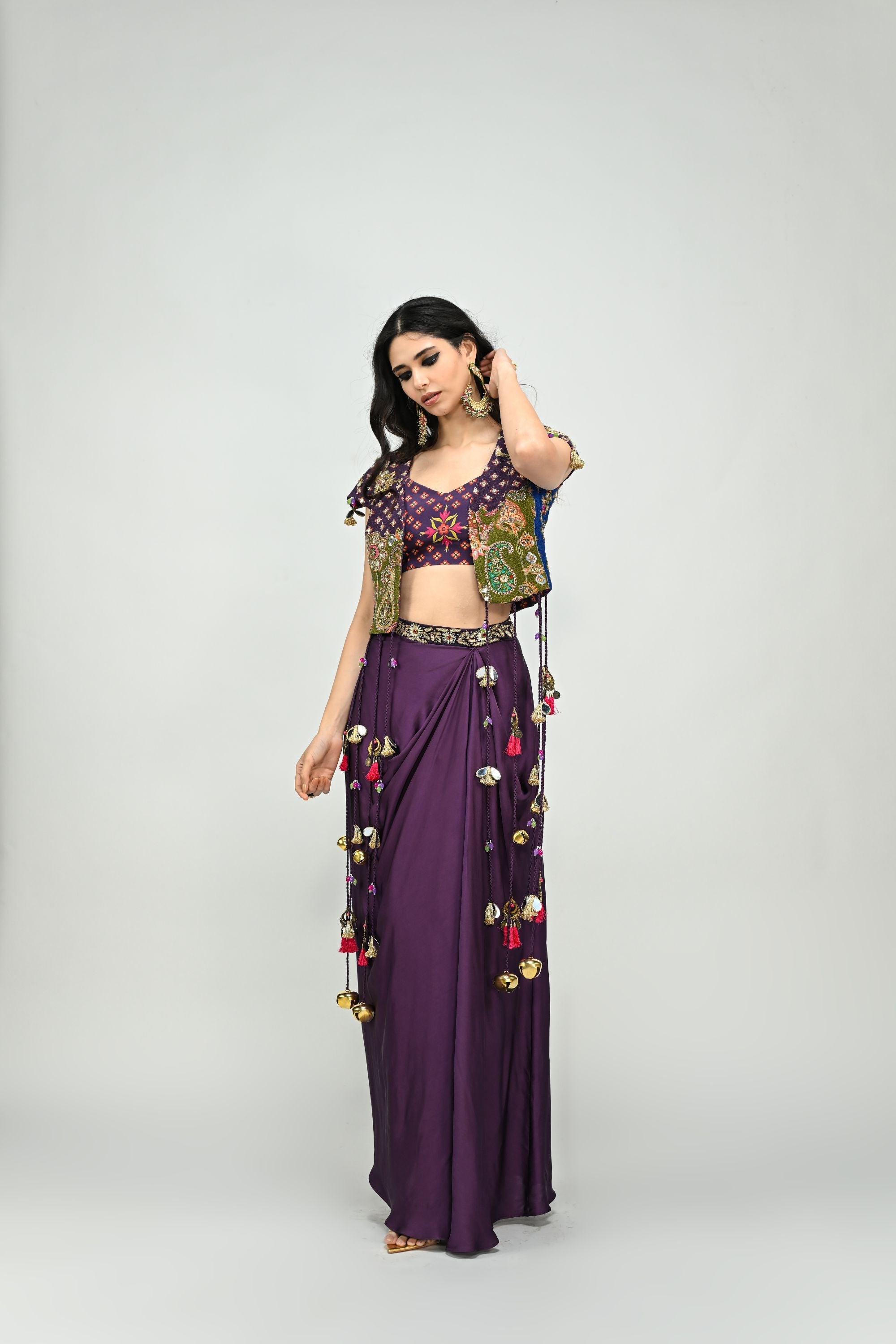Plum Tassel Jacket Dhoti Skirt Set