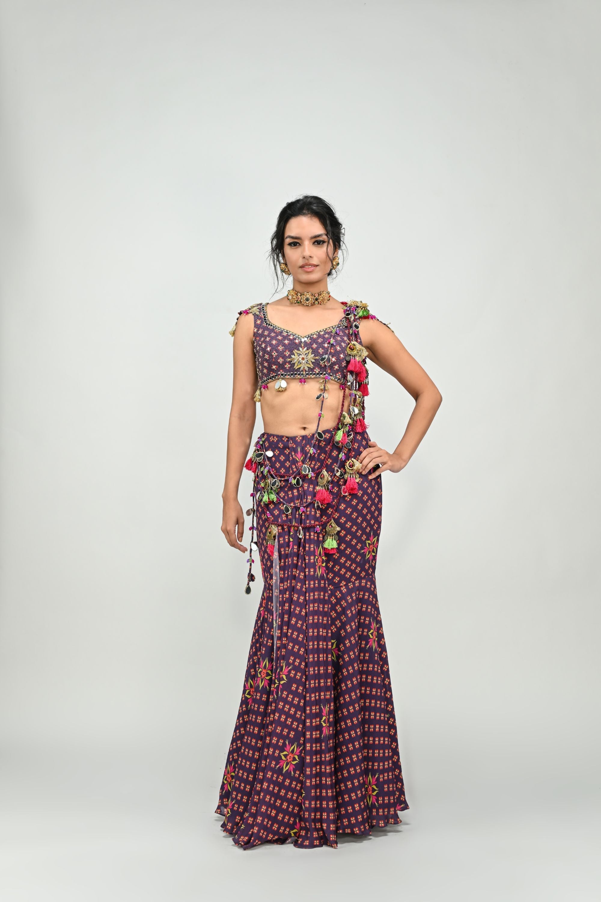 Plum Prestiched Tassel Saree with Badla Blouse