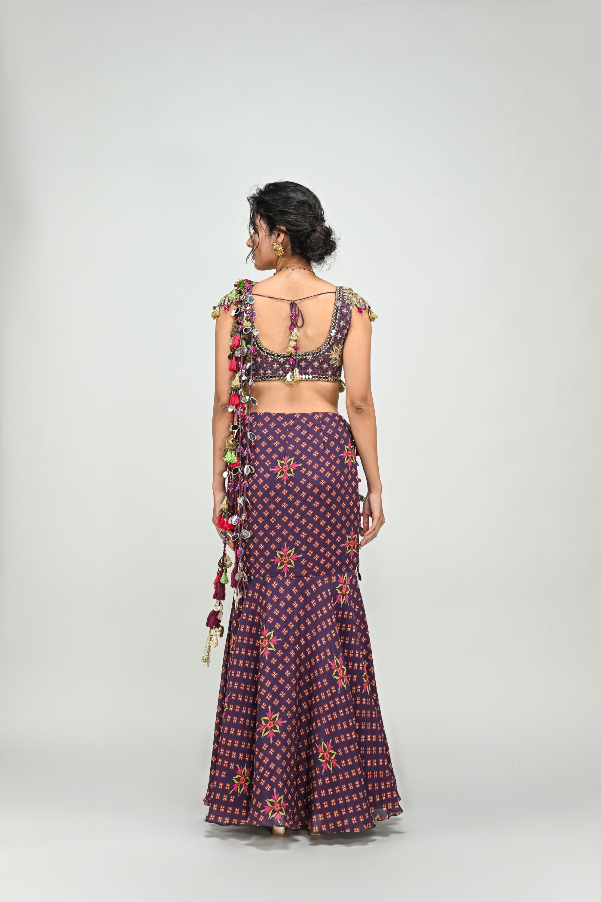 Plum Prestiched Tassel Saree with Badla Blouse