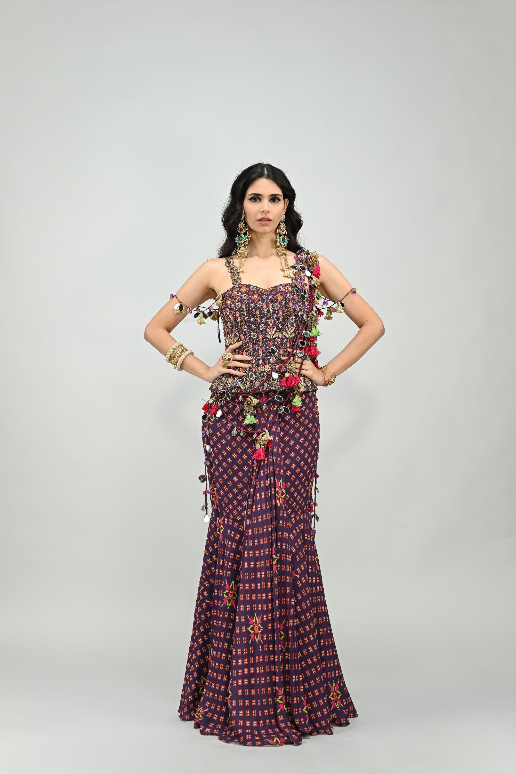 Plum Prestiched Tassel Saree with Corset