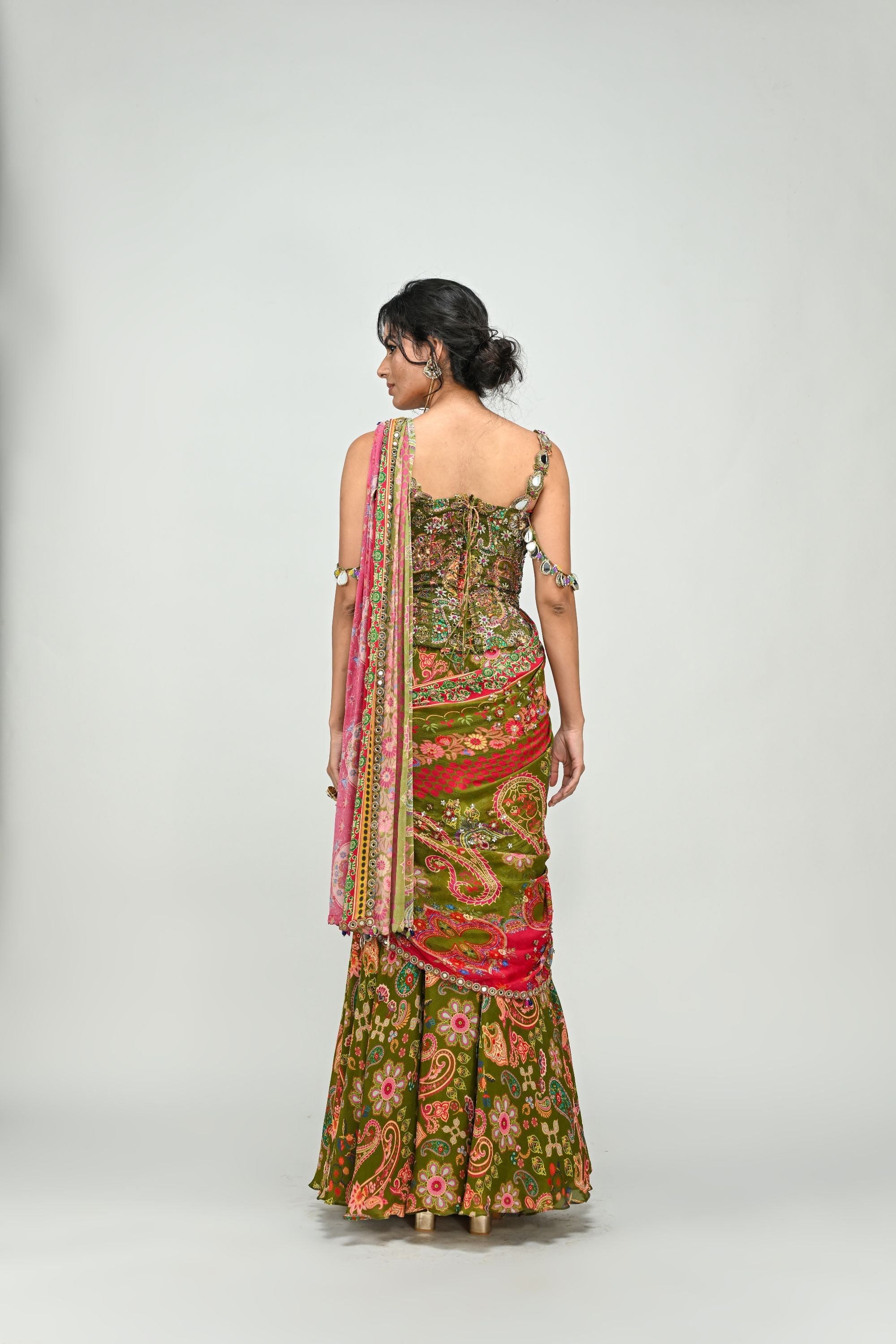 Olive Dual Prestiched Saree with Badla Corset