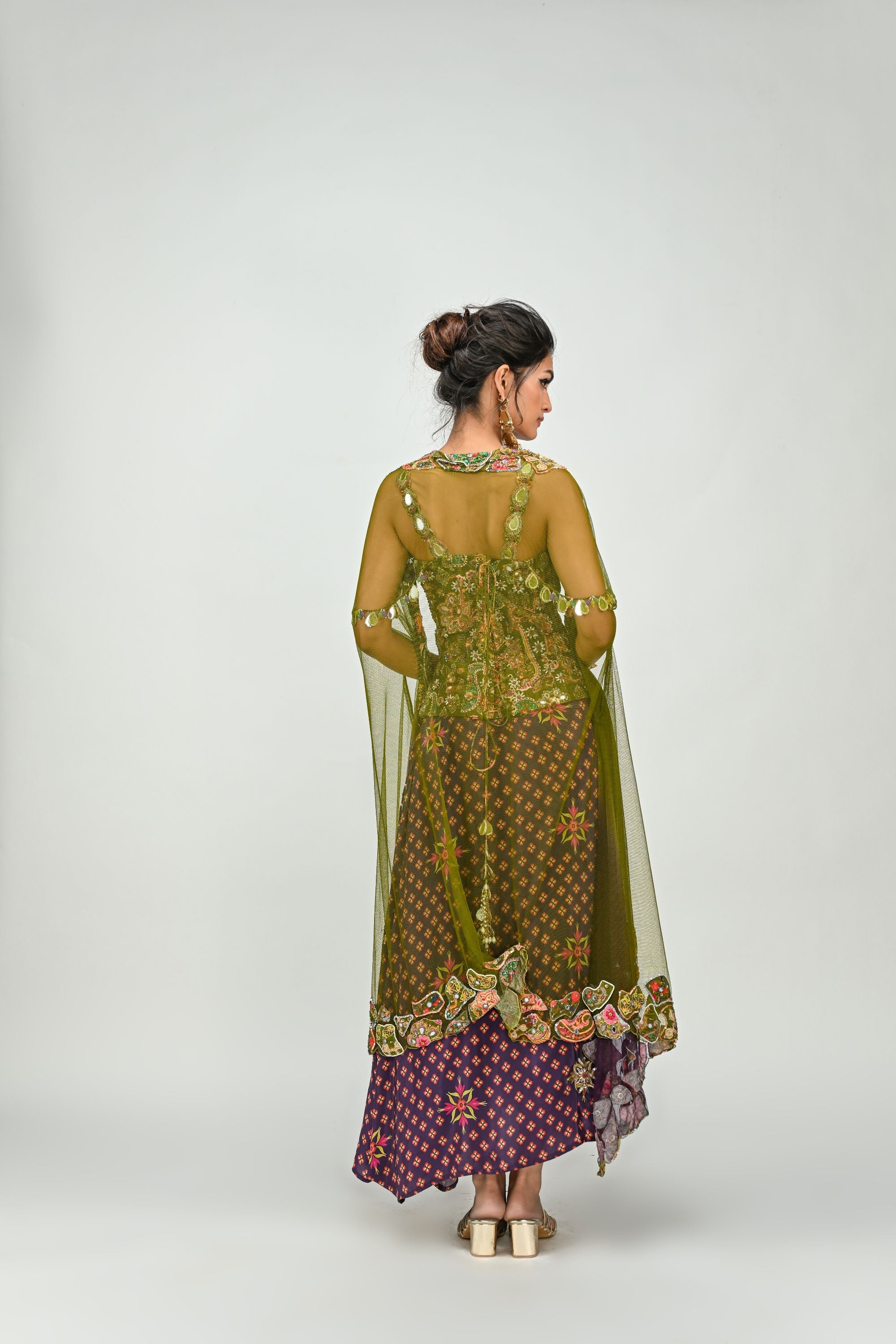 Olive Badla Corset with Plum Dhoti & Cape