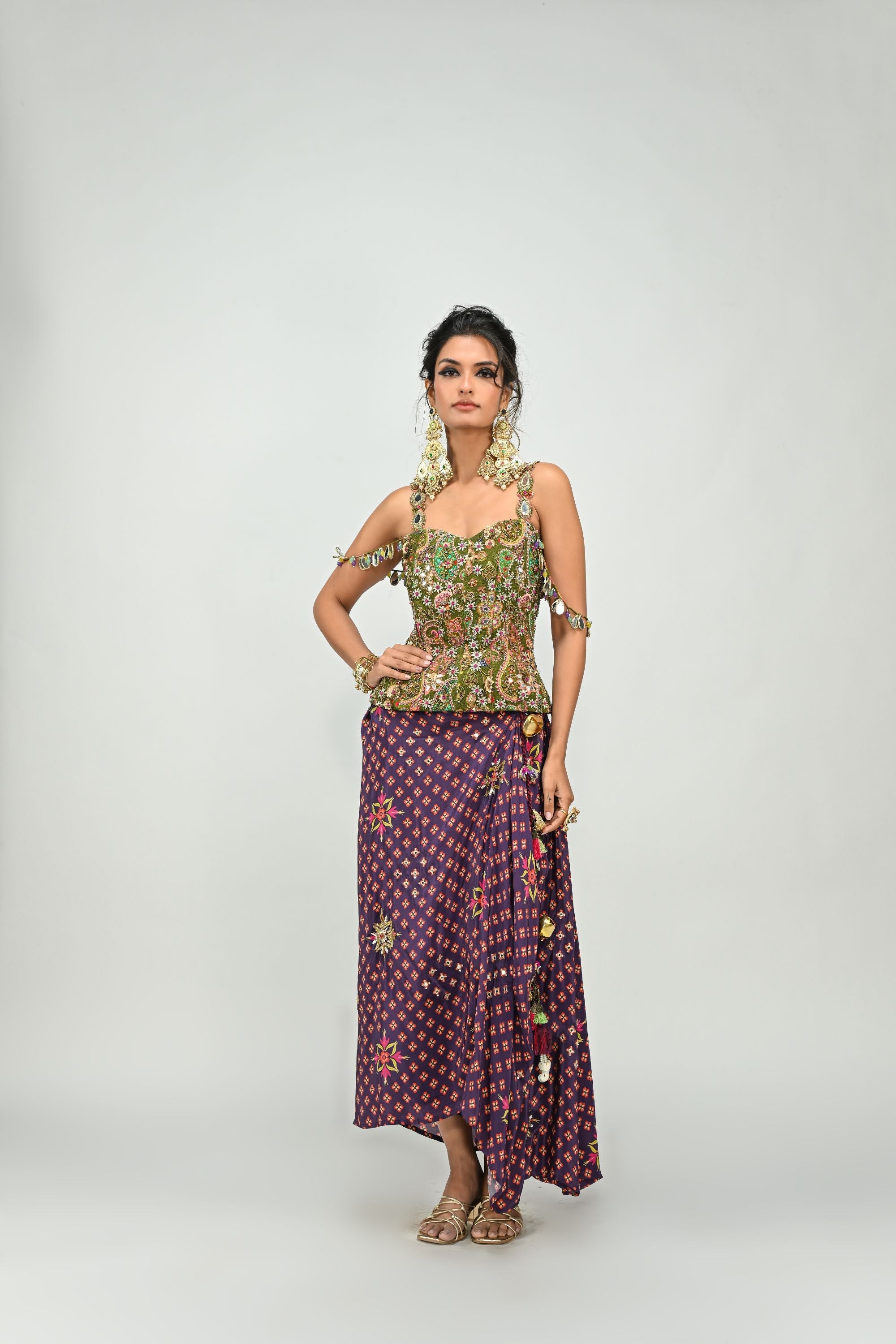 Olive Badla Corset with Plum Dhoti Set