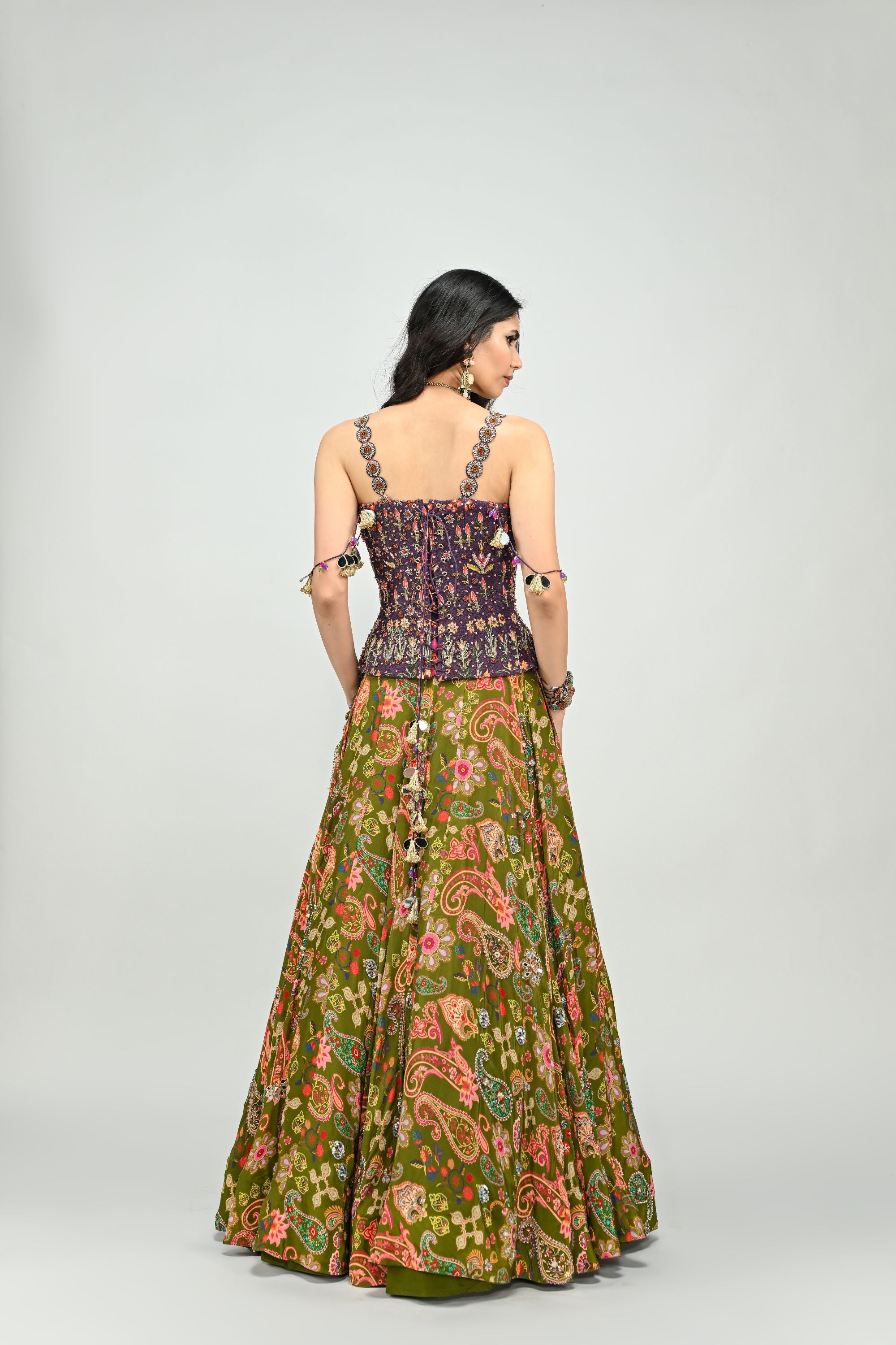 Olive Lehenga with Plum Badla Corset