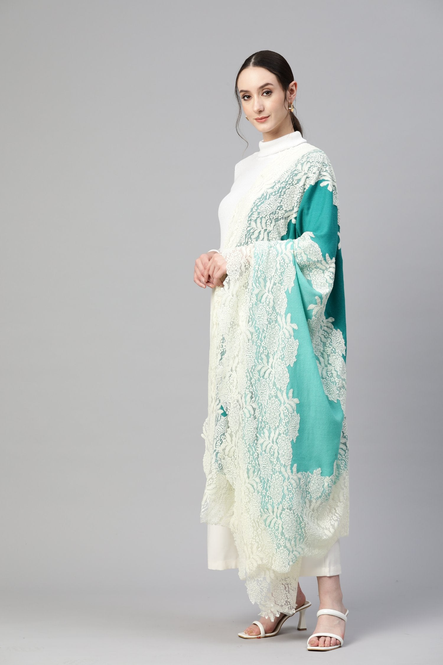 Turquoise Blue Ombre With Lace Fine Wool Shawl