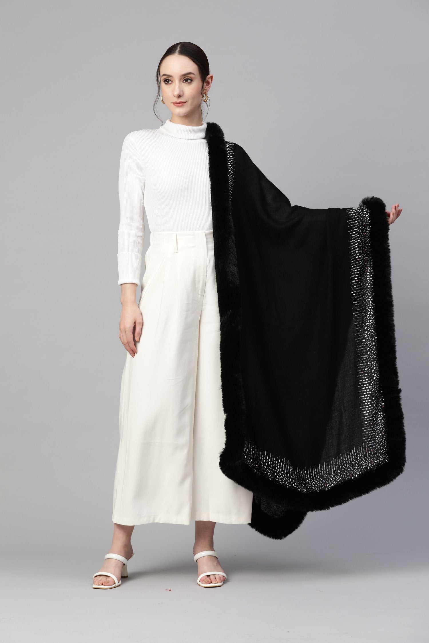 Black Shawl, Fur Shawl, With Swarovksi, Ideal Party Shawl, Black Shawl