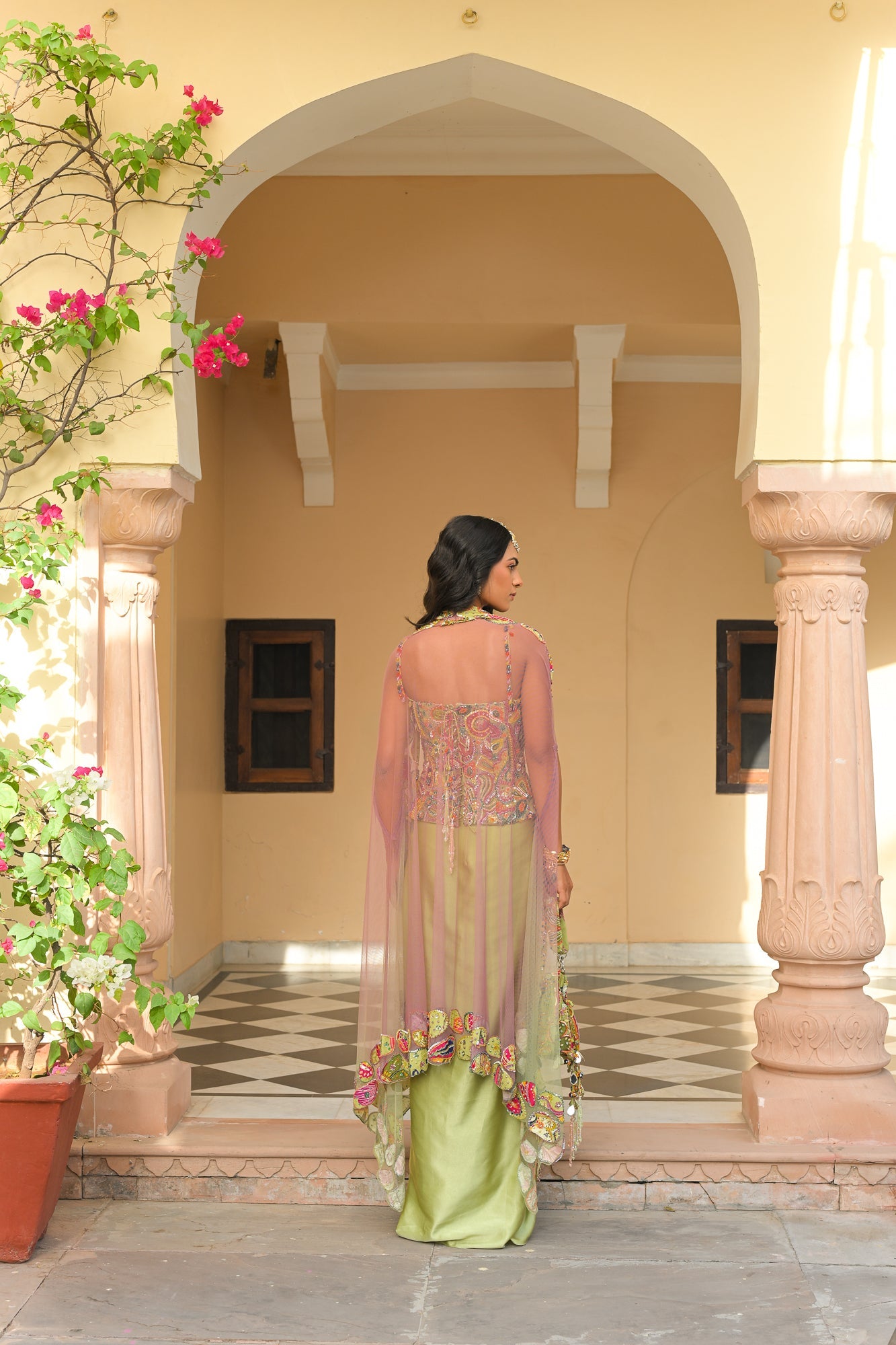 OLIVE BLOOM SEQUENCE HIGHLIGHT. CORSET PAIRED WITH THROW. MILANO SKIRT AND DUAL APPLIQUE HIGHLIGHT CAPE SET