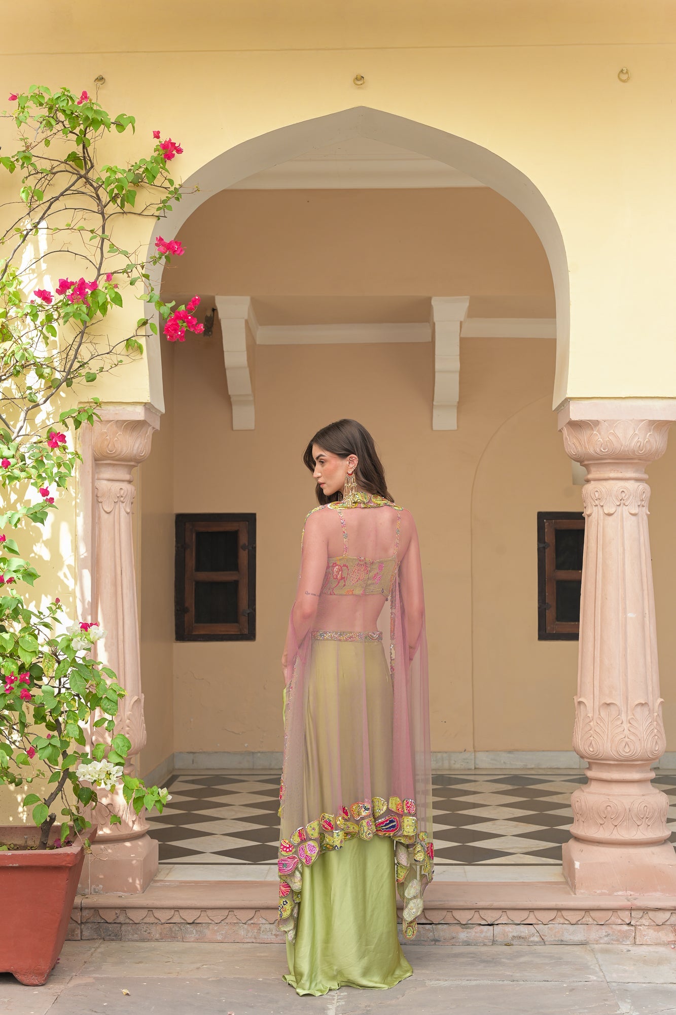 OLIVE BLOOM HIGHLIGHT BRALETTE PAIRED WITH SATIN COWL SKIRT AN D SHADED APPLIQUE CAPE SET