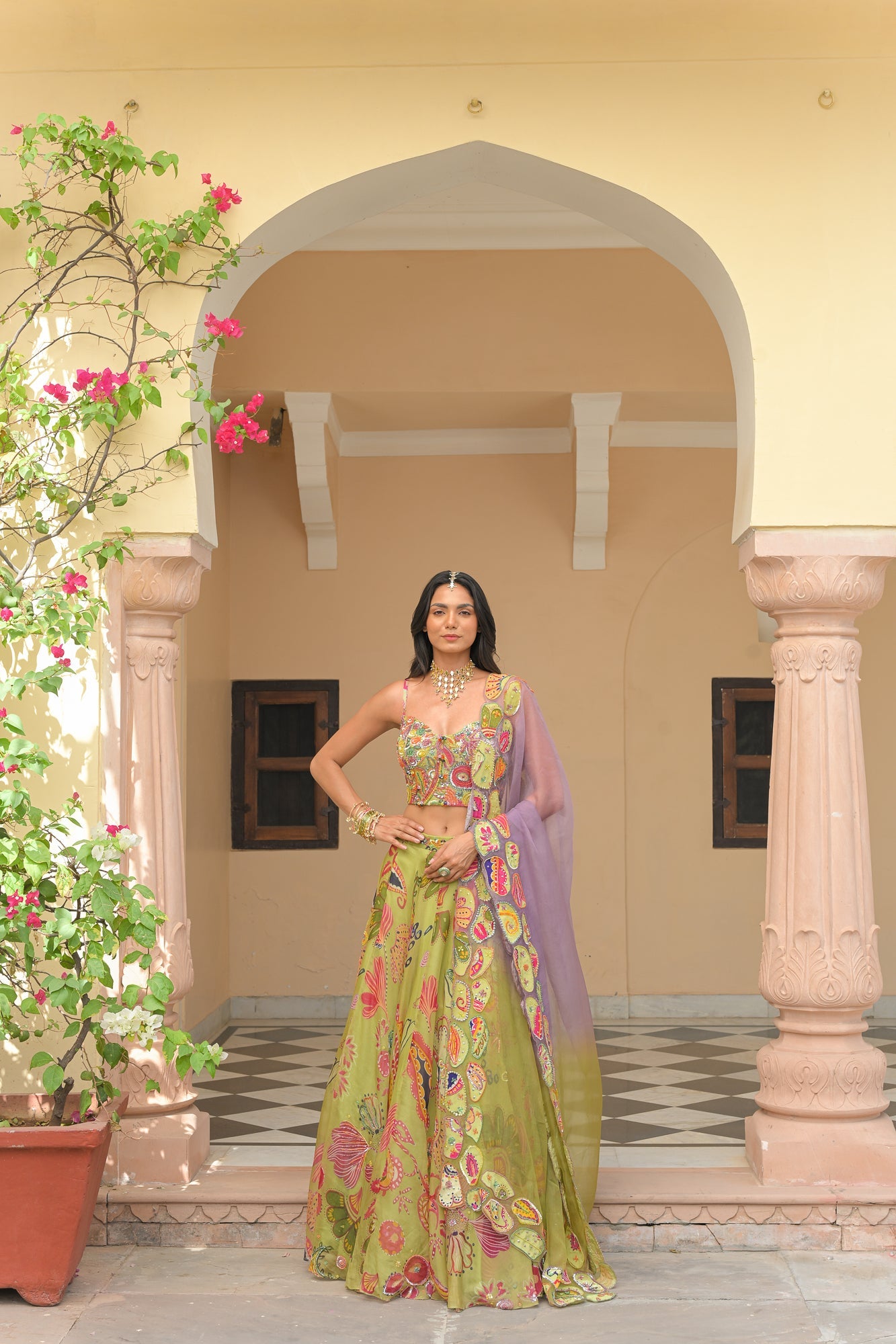 OLIVE BLOOM HIGHLIGHT LEHENGAS PAIRED WITH HIGHLIGHT CORSET AND SHADED APPLIQUÉ. HIGHLIGHT DUPATTA