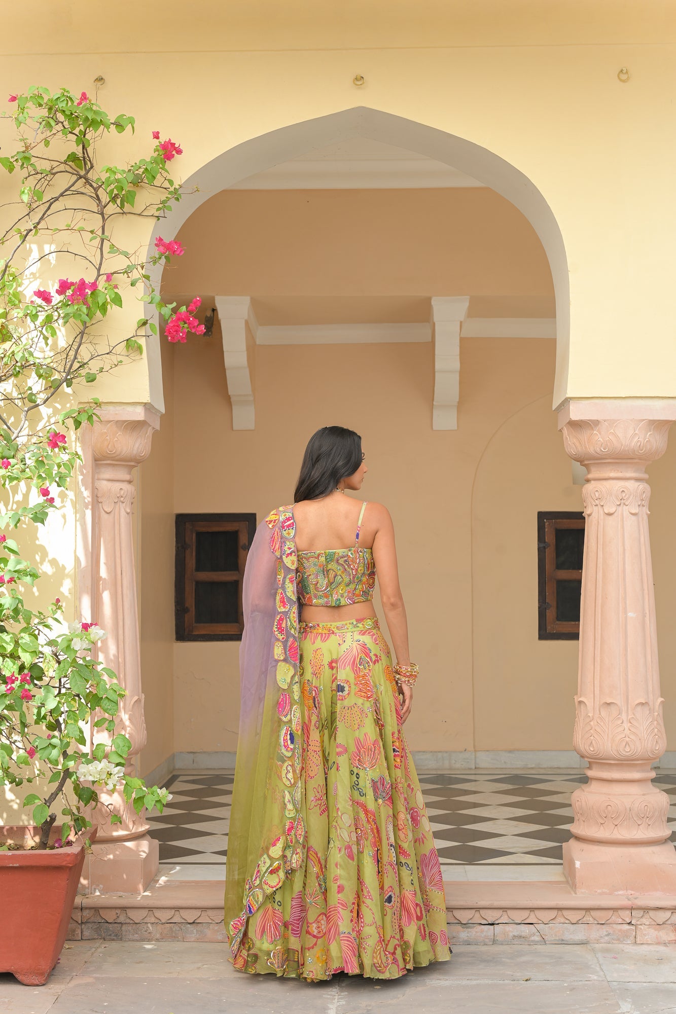 OLIVE BLOOM HIGHLIGHT LEHENGAS PAIRED WITH HIGHLIGHT CORSET AND SHADED APPLIQUÉ. HIGHLIGHT DUPATTA