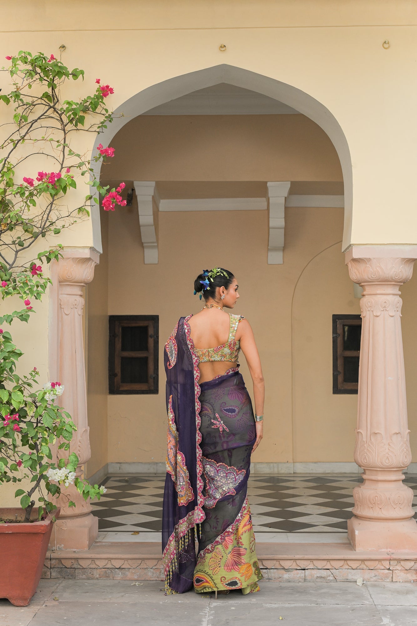 DUAL SAREE WITH PATCH PALLA, PETTICOAT AND OLIVE. BLOOM MIRROR WORK HIGHLIGHT BLOUSE