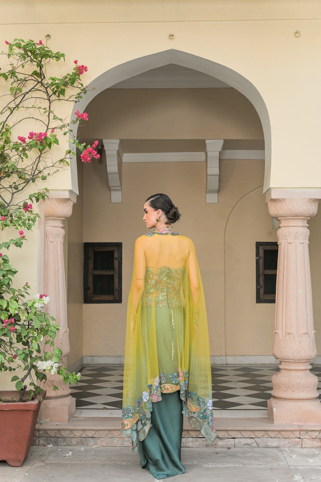IRIS MIST EMBROIDERED CORSET SKIRT DHOTI SET WITH DUAL APPLIQUE HIGHLIGHT CAPE SET