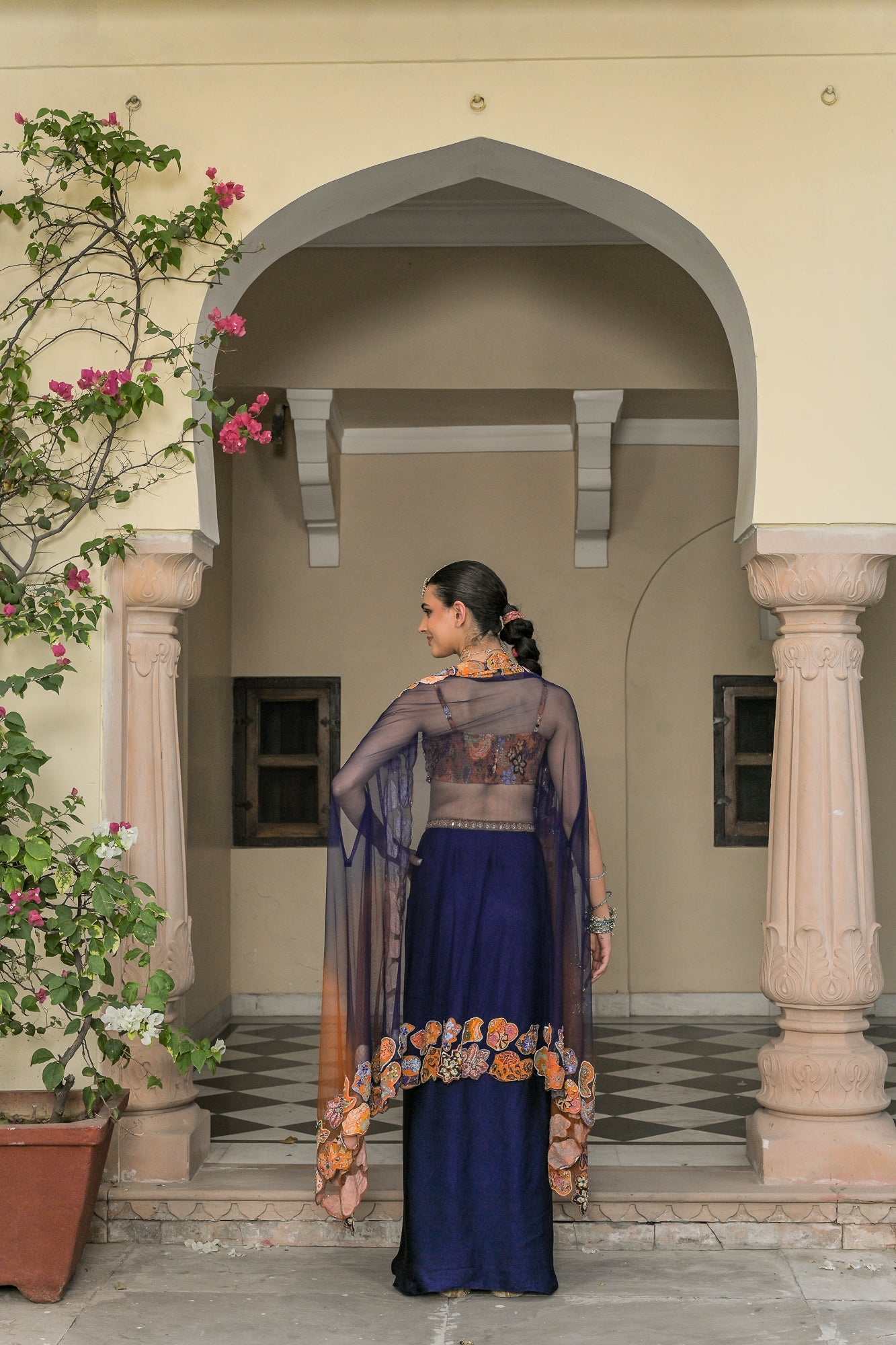 AMBER BLOOM EMBROIDERED BRALETTE PAIRED WITH SATIN COWL SET AND SHADED APPLIQUE CAPE SET