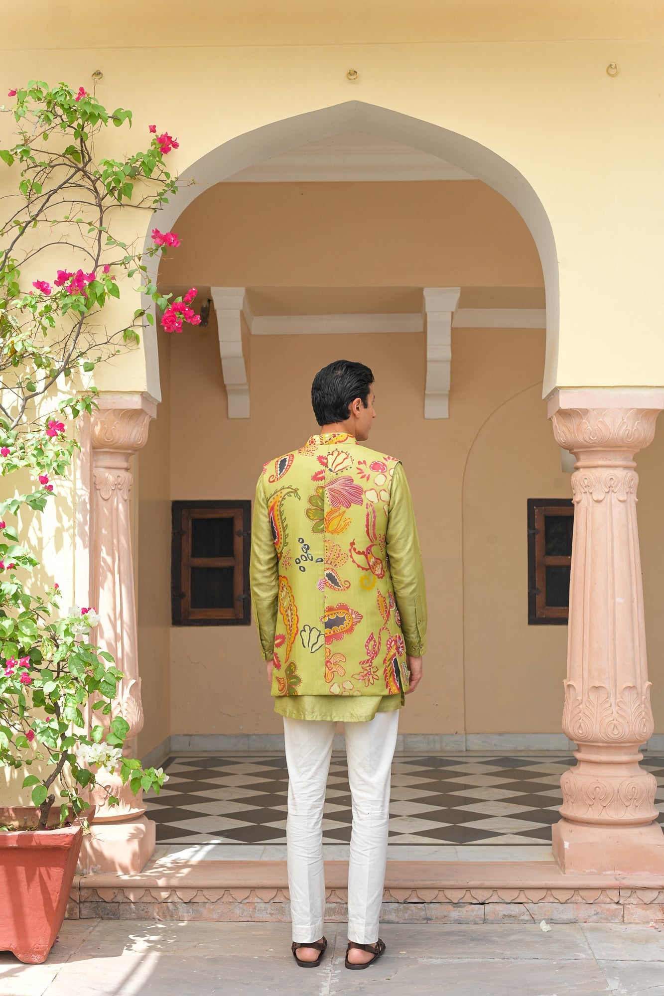 OLIVE BLOOM EMBROIDERED HALF JACKET WITH PIN TUCK KURTA PANT SET