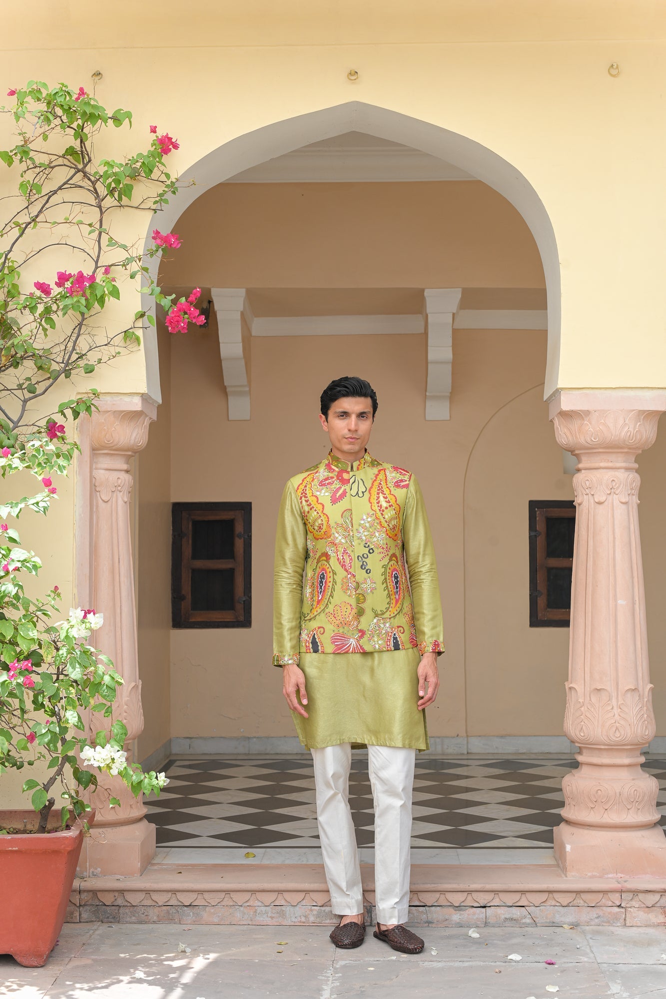 EMBROIDERED OLIVE BLOOM BUNDI WITH MIRROR WORK KURTA PANT SET