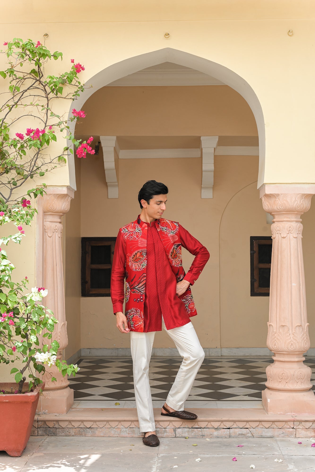 SCARLET BLOOM HIGHLIGHT HALF JACKET. PAIRED WITH PINTUCK KURTA PANT SET