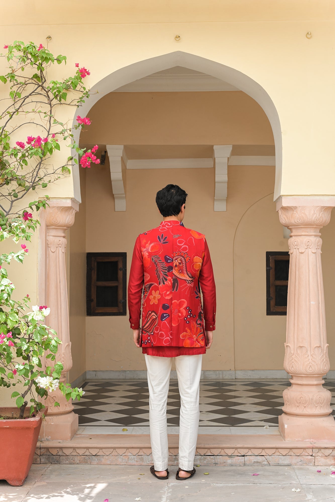SCARLET BLOOM HIGHLIGHT HALF JACKET. PAIRED WITH PINTUCK KURTA PANT SET