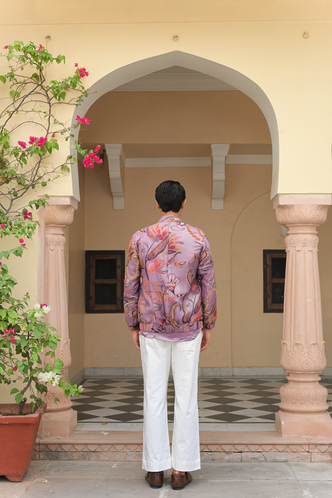 VIOLET BLOOM HIGHLIGHTED BOMBER JACKET. WITH VIOLET SHIRT PANT SET