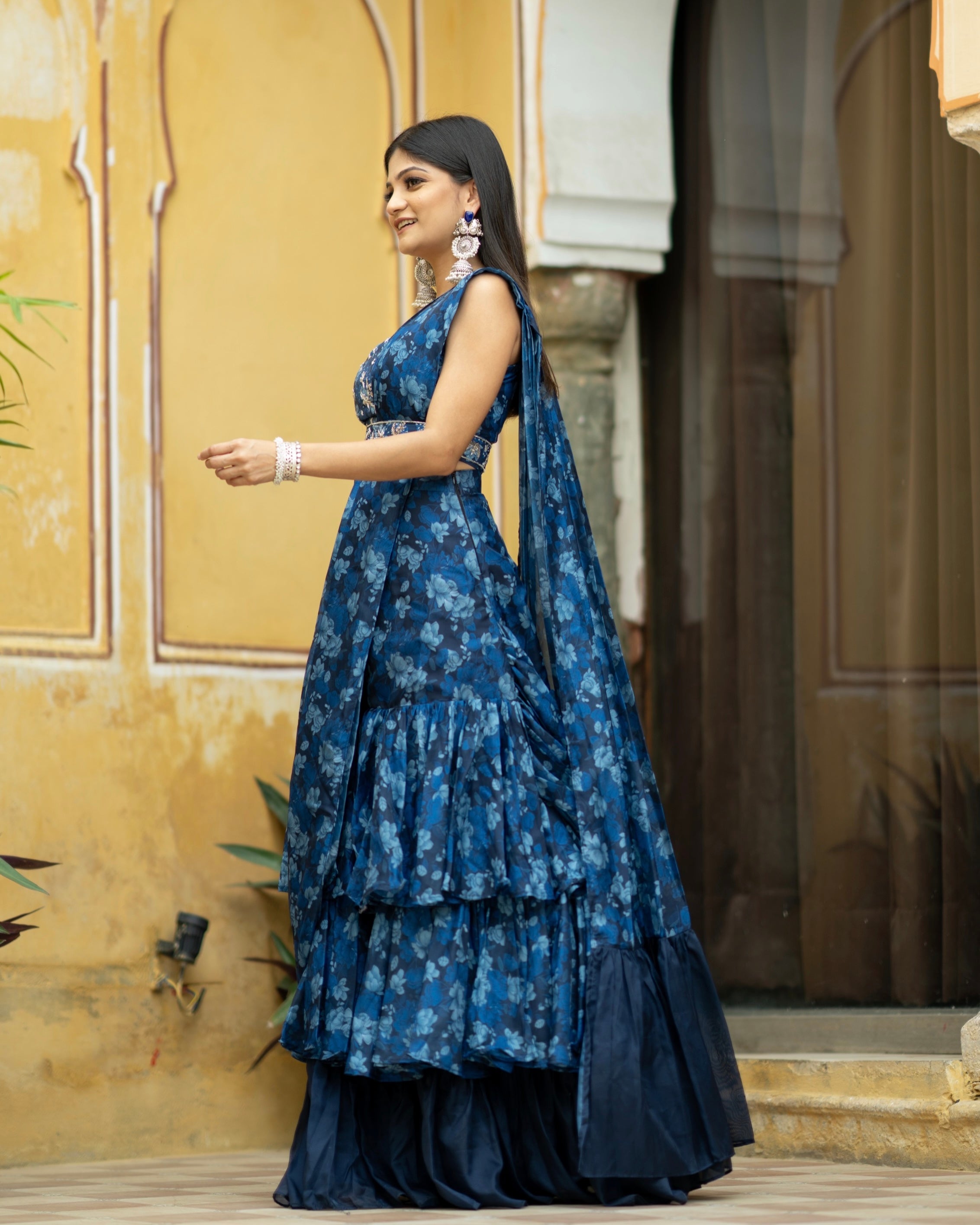Midnight Blue Ruffle Saree with Blouse
